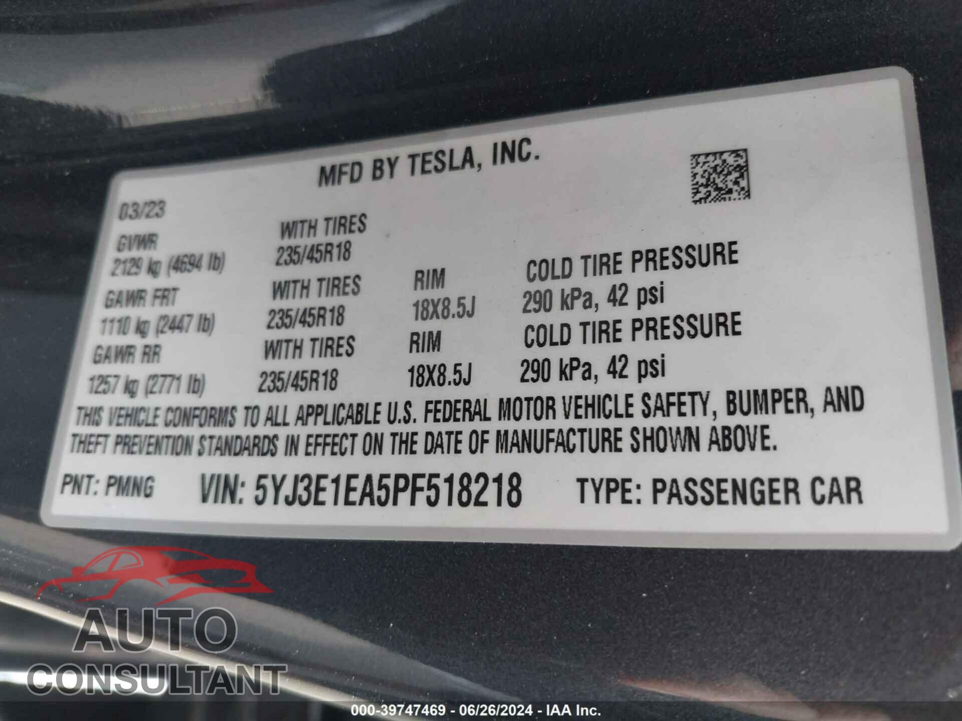 TESLA MODEL 3 2023 - 5YJ3E1EA5PF518218