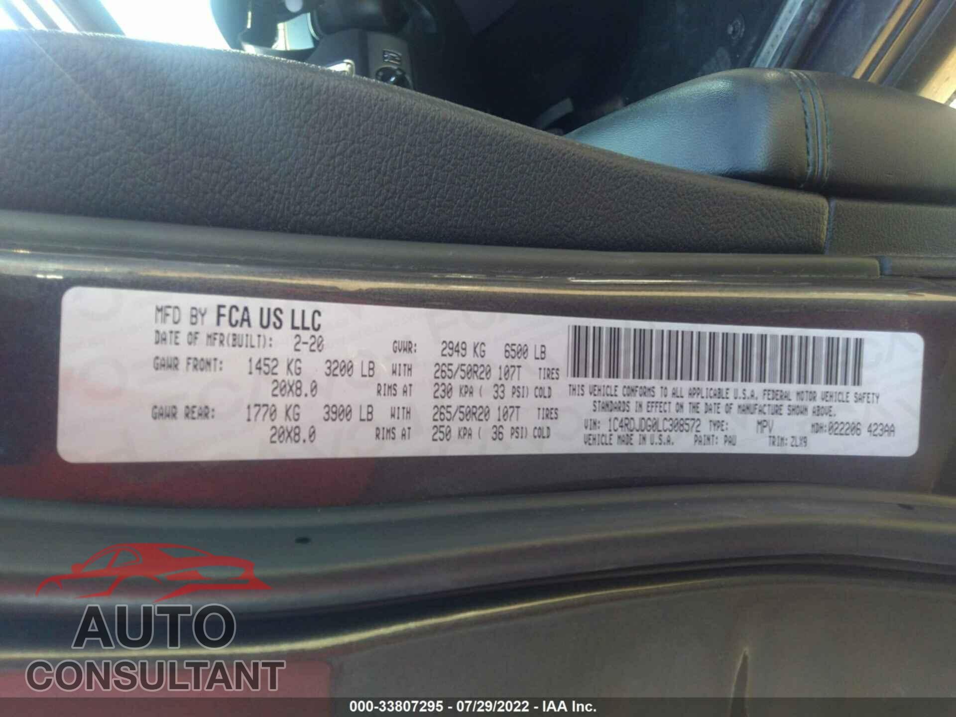 DODGE DURANGO 2020 - 1C4RDJDG0LC308572