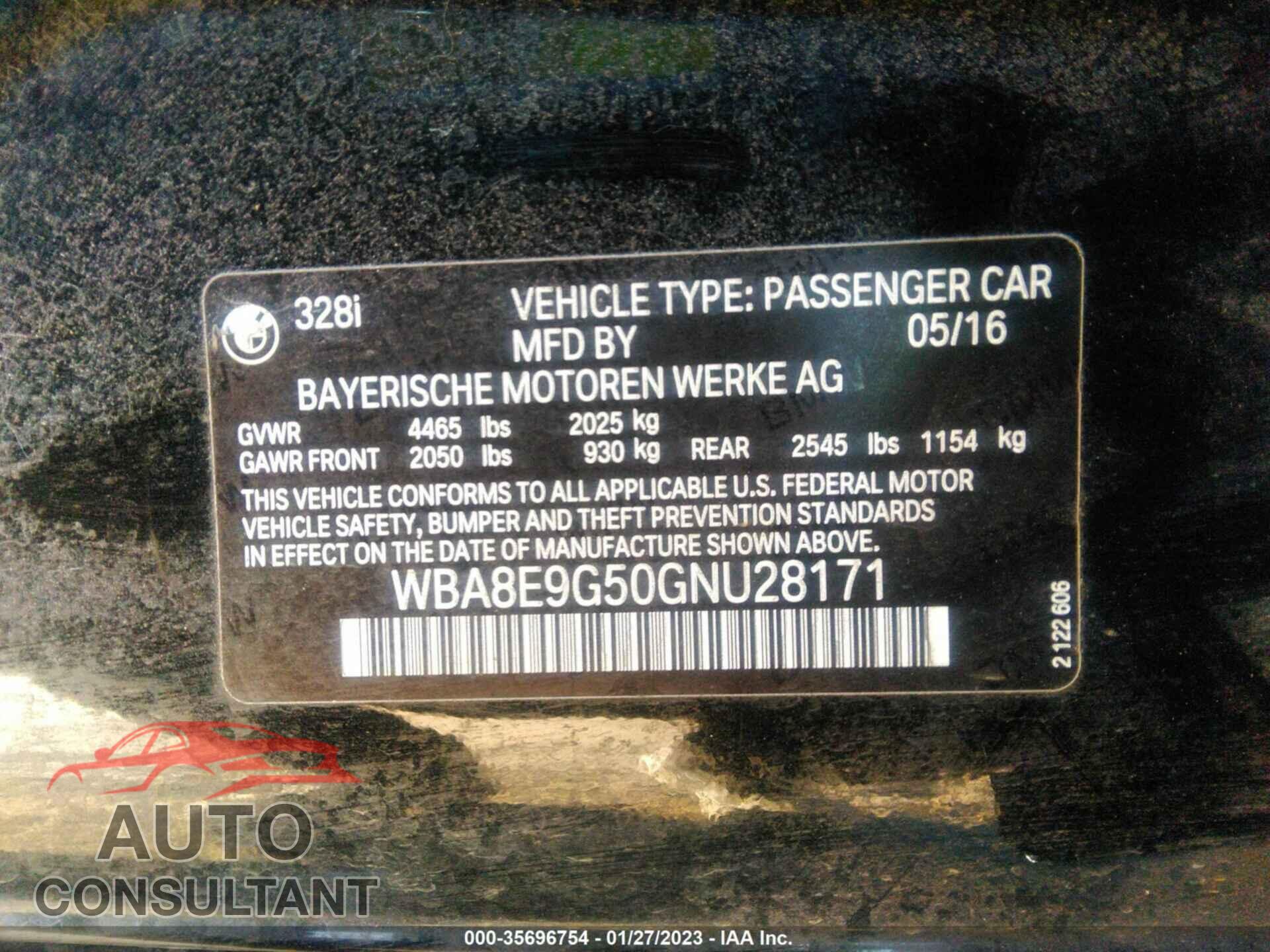 BMW 3 SERIES 2016 - WBA8E9G50GNU28171