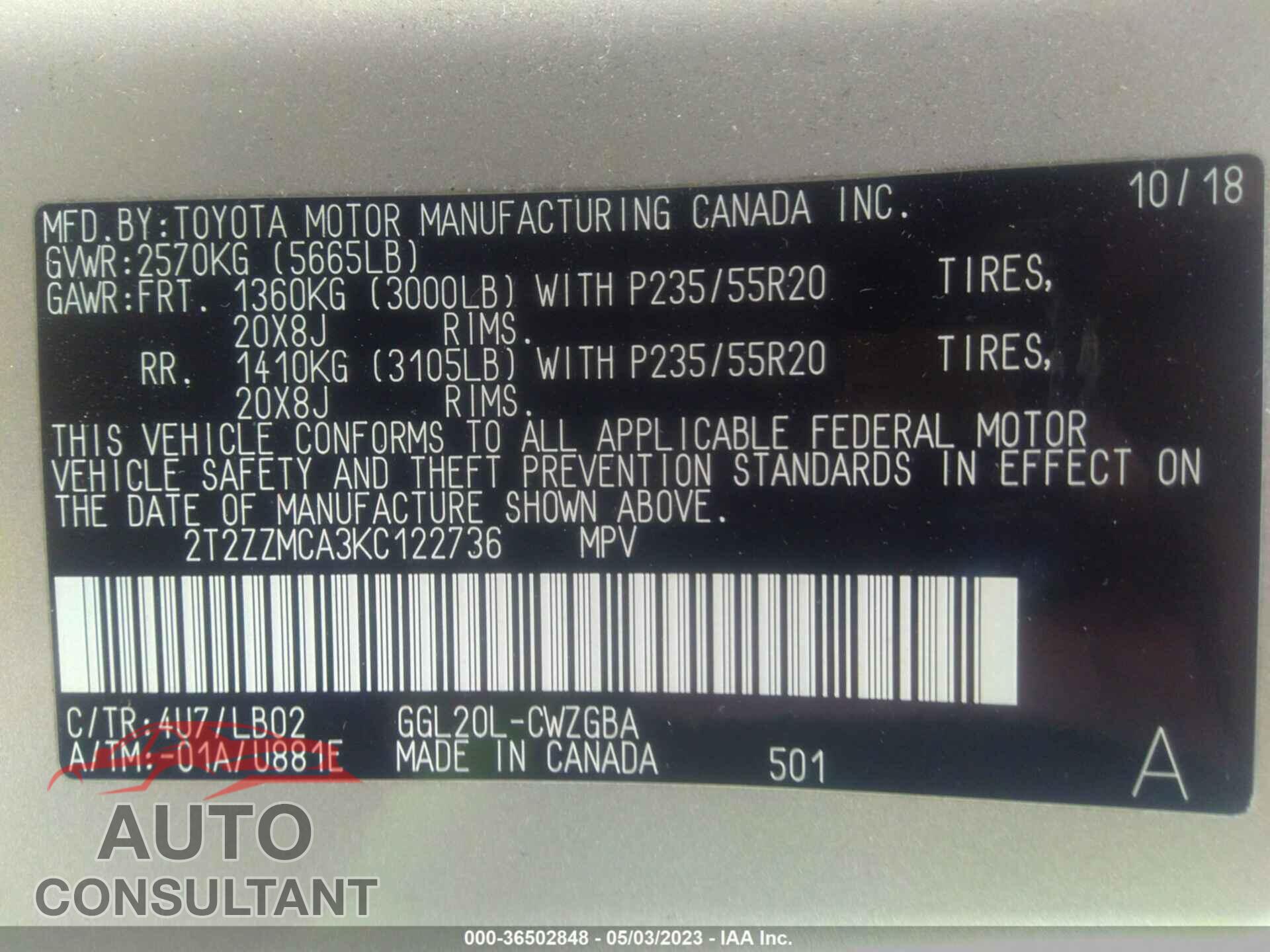 LEXUS RX 2019 - 2T2ZZMCA3KC122736