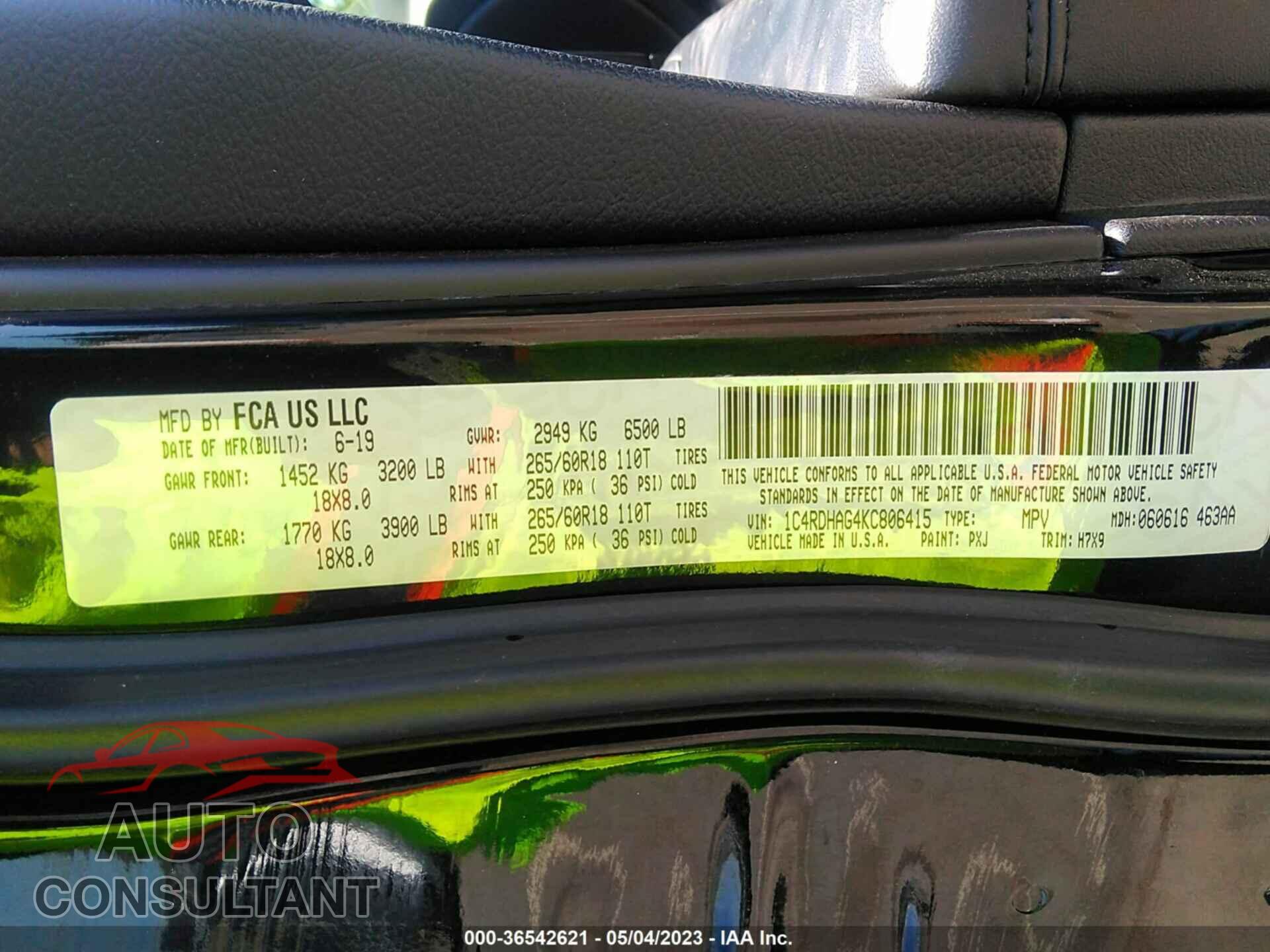 DODGE DURANGO 2019 - 1C4RDHAG4KC806415