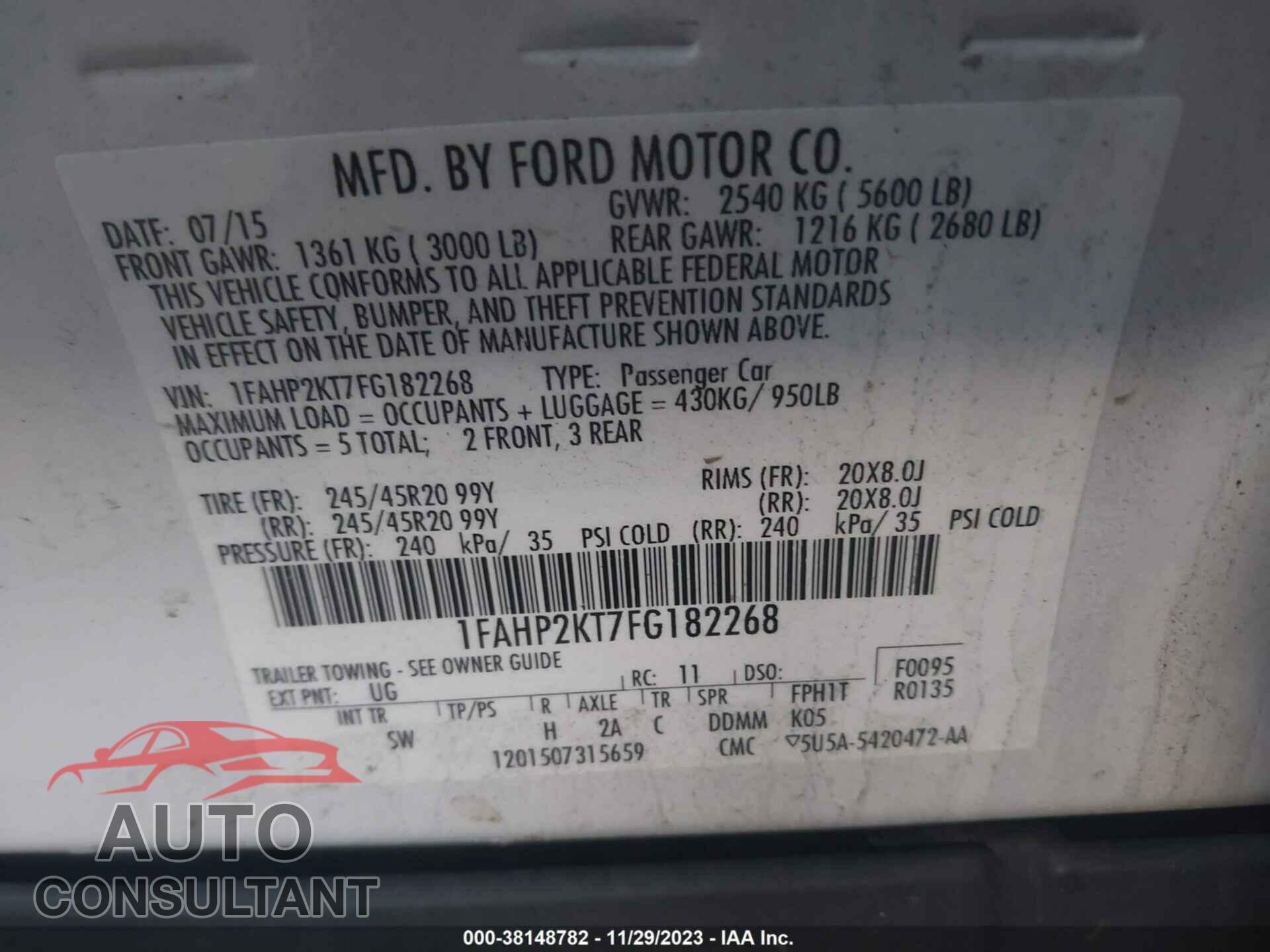 FORD TAURUS 2015 - 1FAHP2KT7FG182268