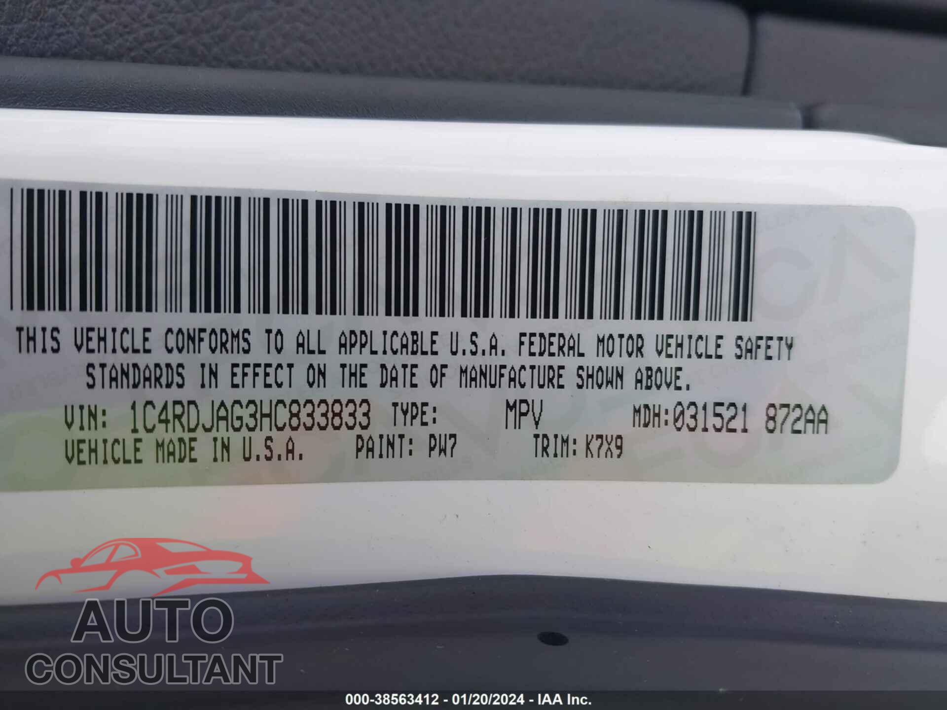 DODGE DURANGO 2017 - 1C4RDJAG3HC833833