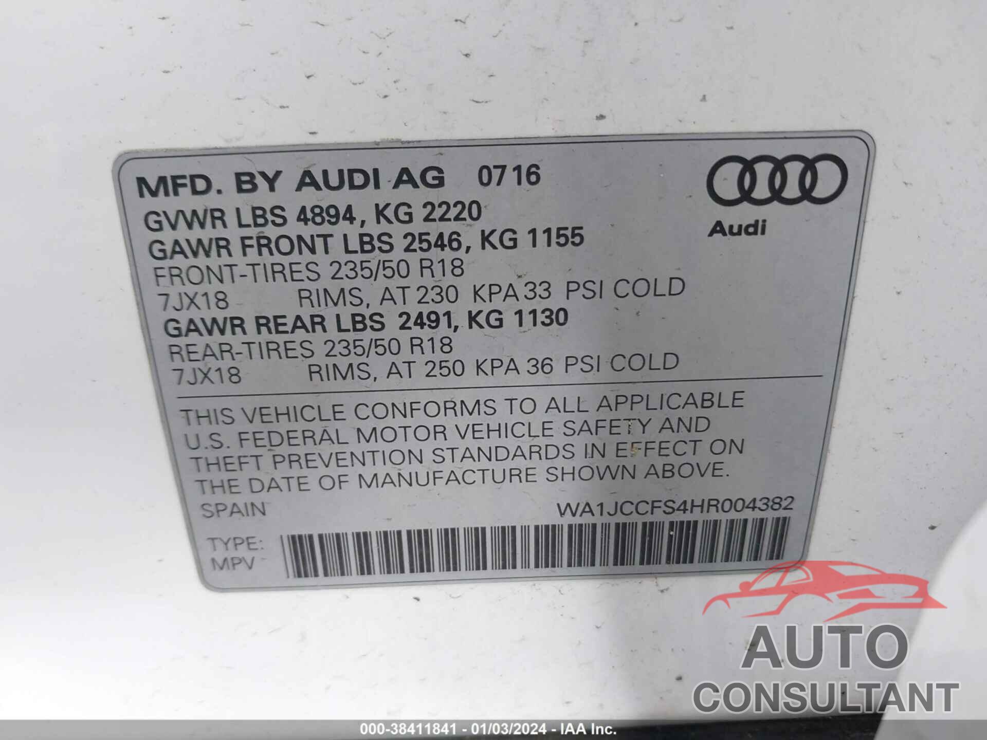 AUDI Q3 2017 - WA1JCCFS4HR004382