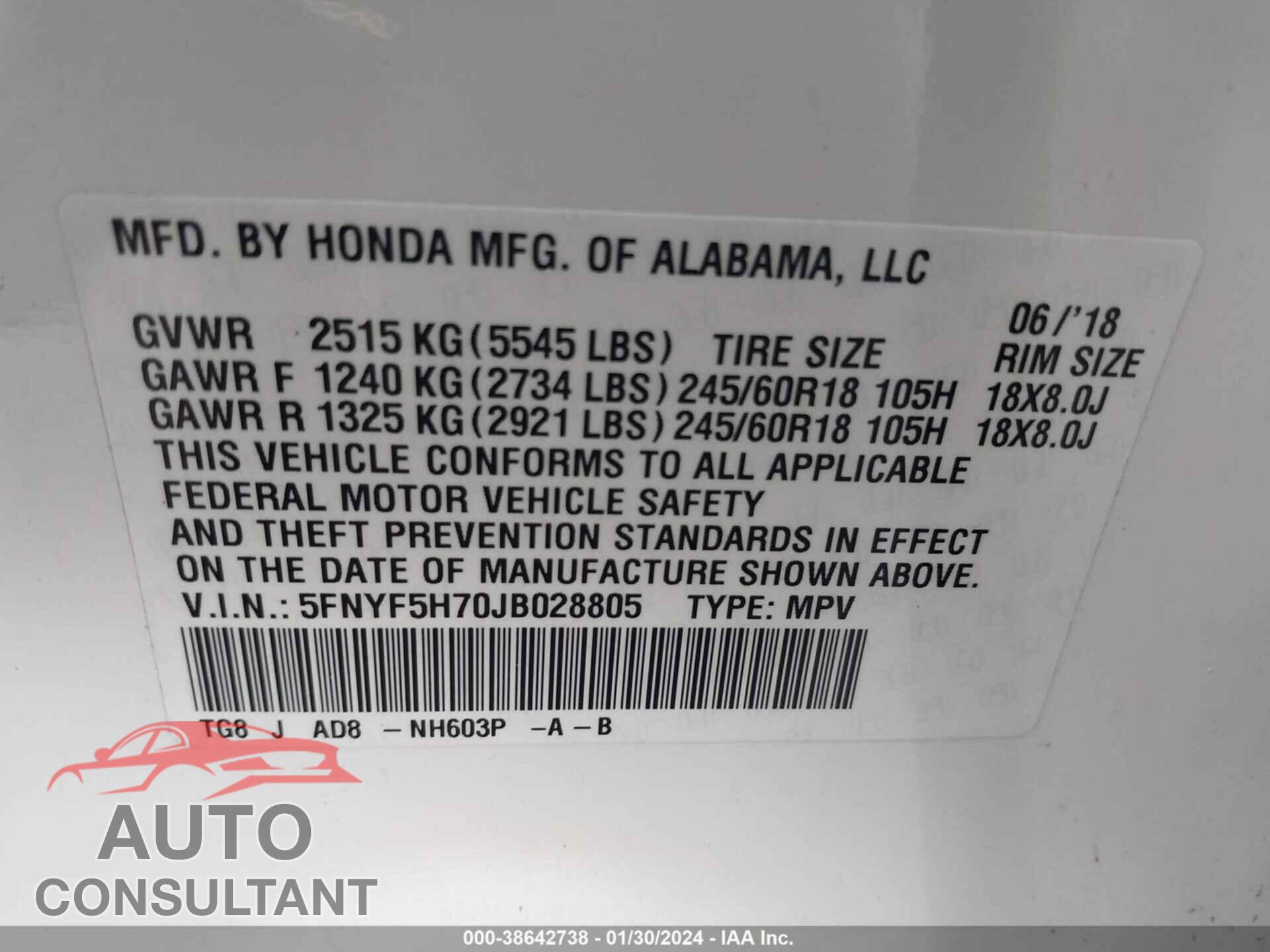 HONDA PILOT 2018 - 5FNYF5H70JB028805