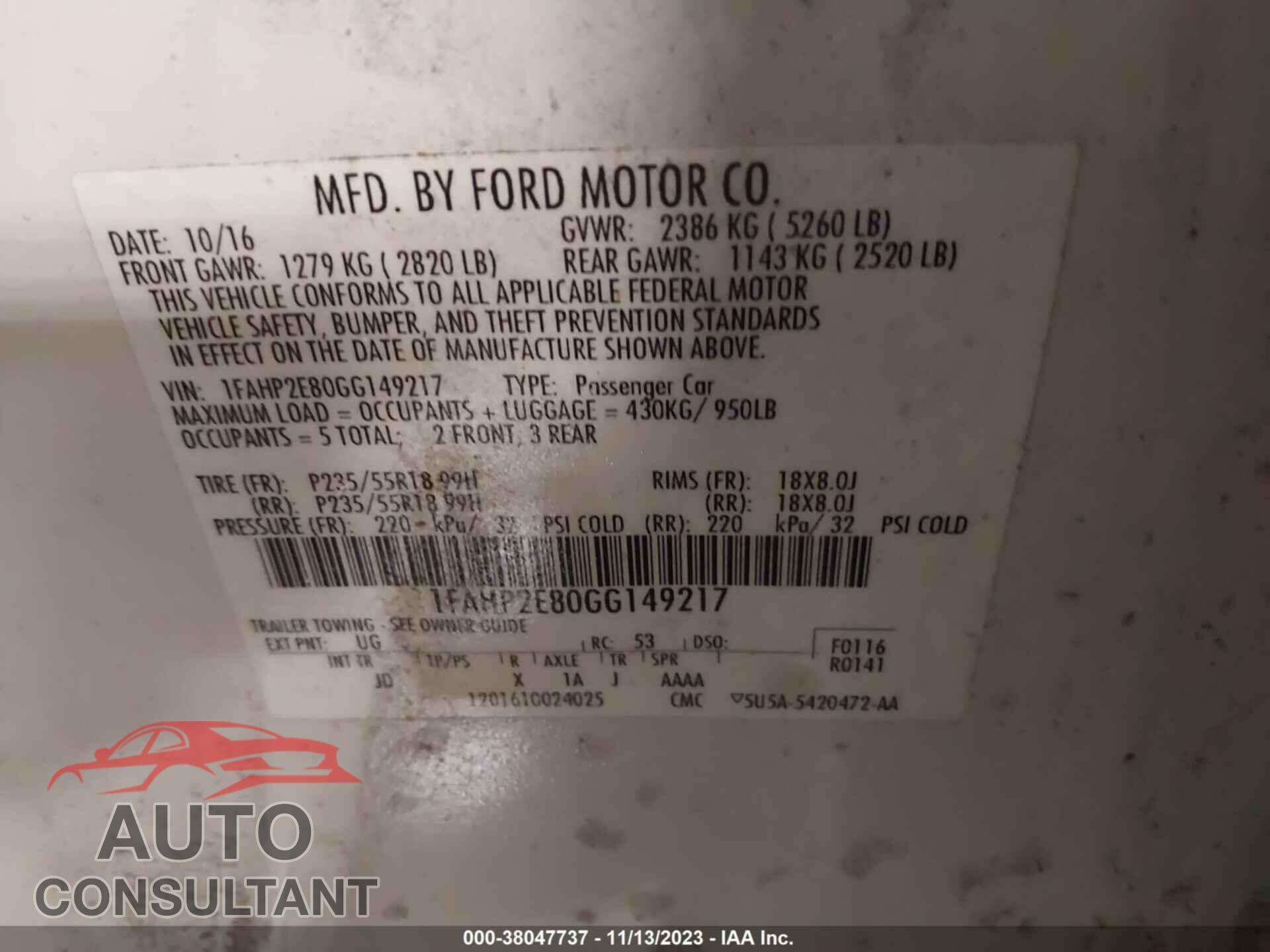 FORD TAURUS 2016 - 1FAHP2E80GG149217
