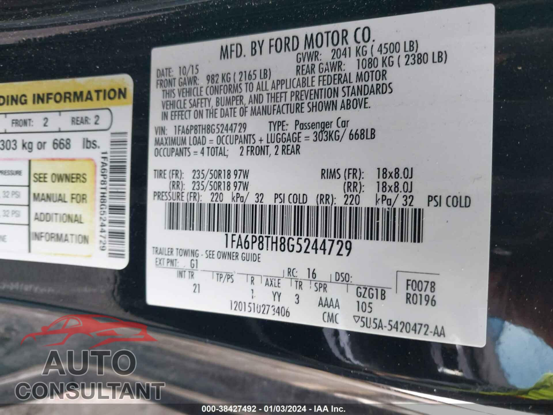 FORD MUSTANG 2016 - 1FA6P8TH8G5244729