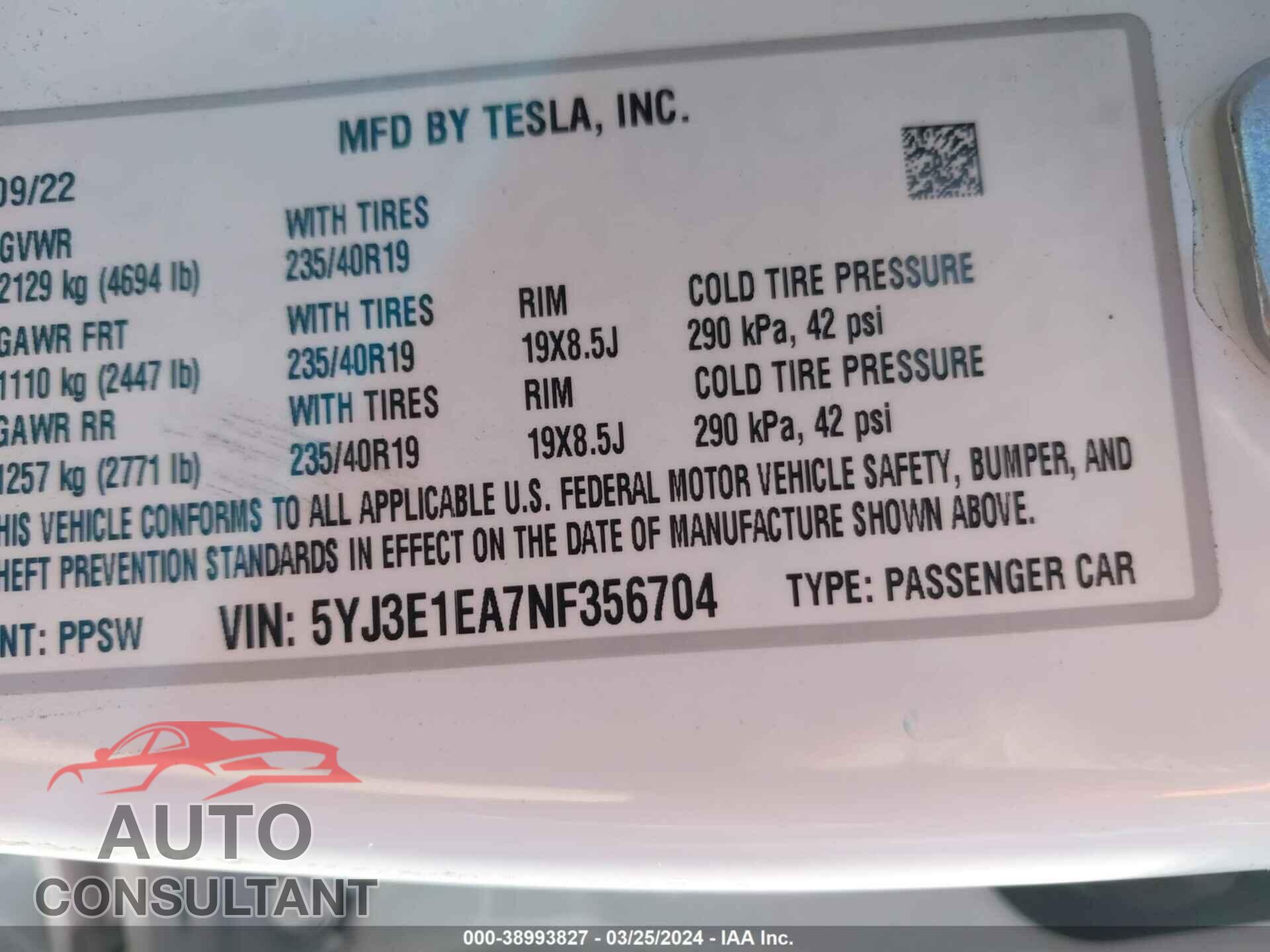 TESLA MODEL 3 2022 - 5YJ3E1EA7NF356704