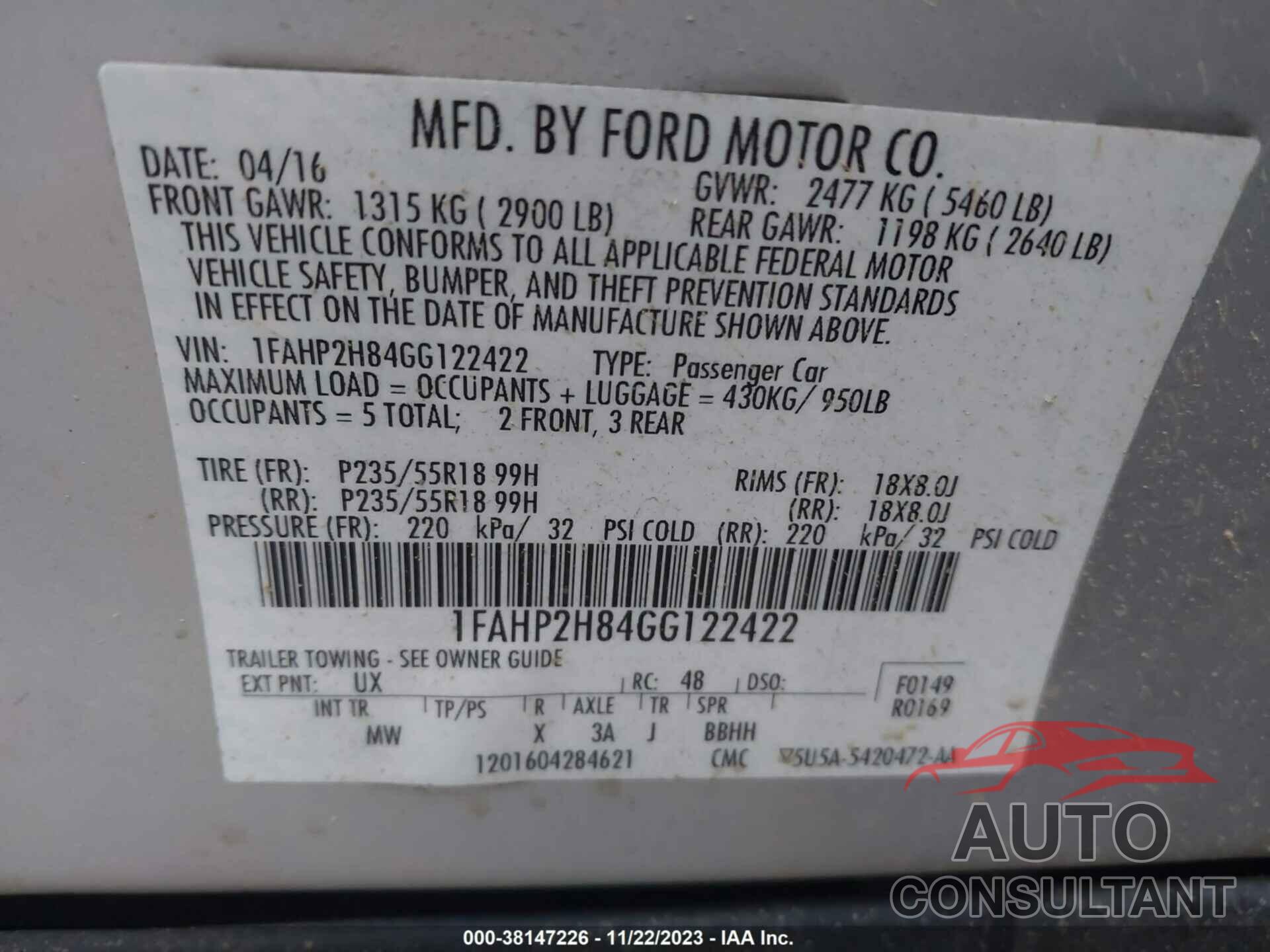 FORD TAURUS 2016 - 1FAHP2H84GG122422