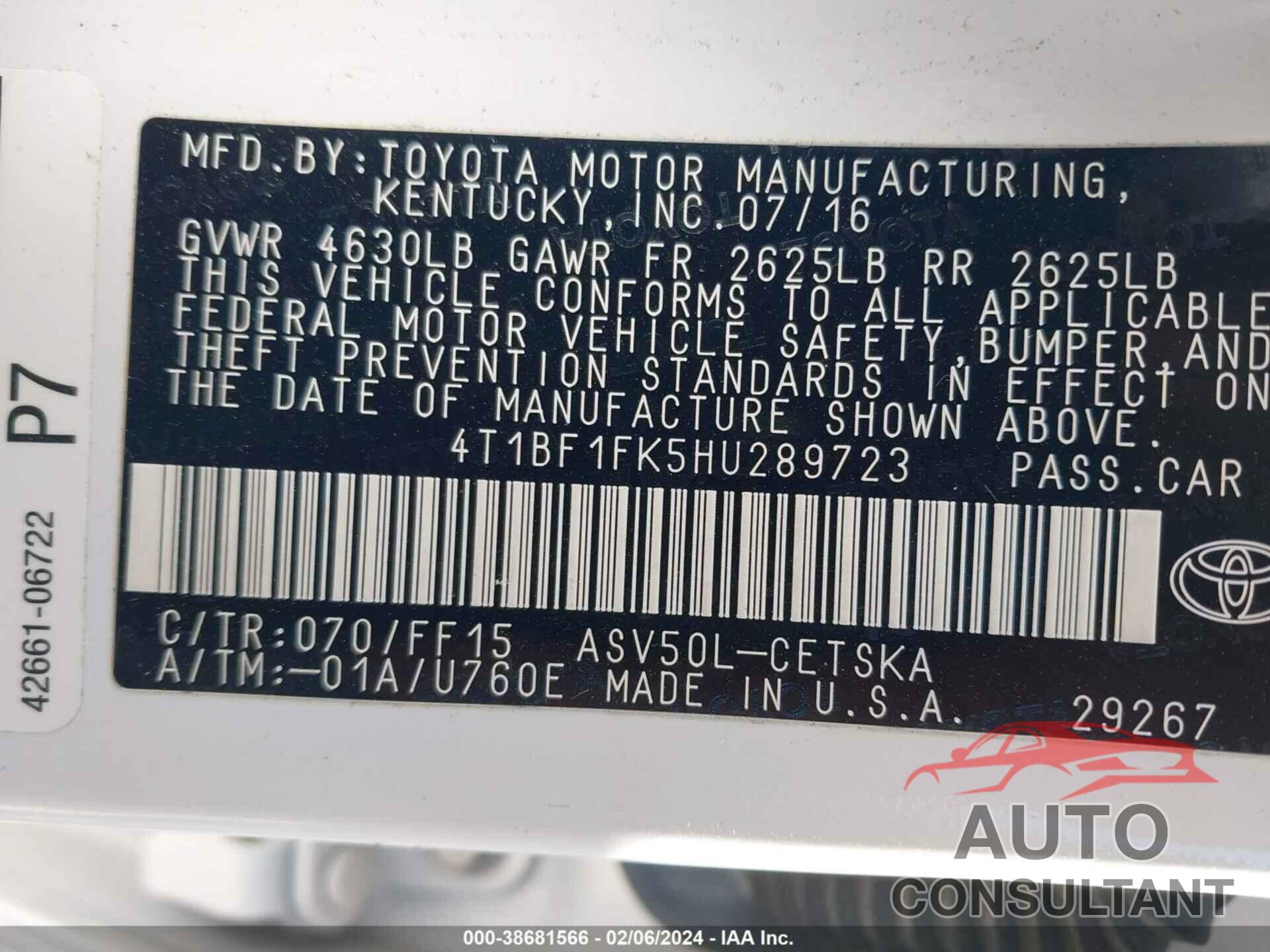 TOYOTA CAMRY 2017 - 4T1BF1FK5HU289723