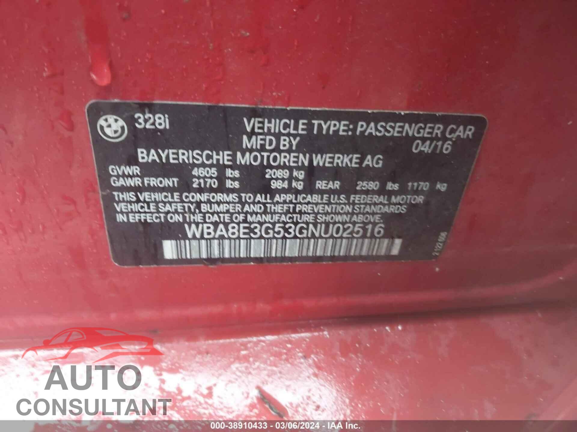 BMW 328 2016 - WBA8E3G53GNU02516