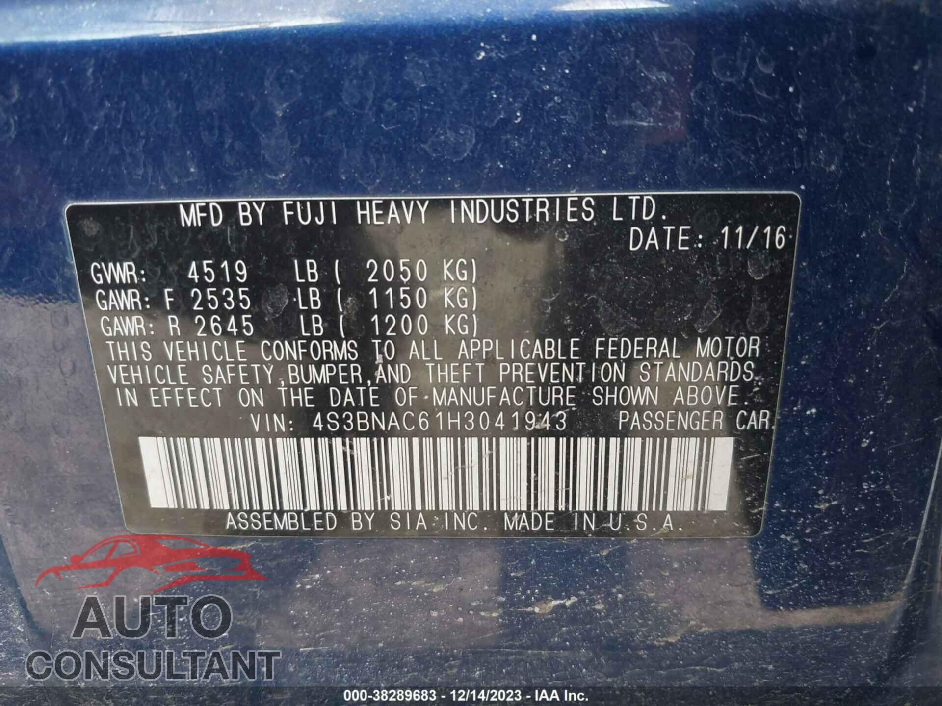 SUBARU LEGACY 2017 - 4S3BNAC61H3041943