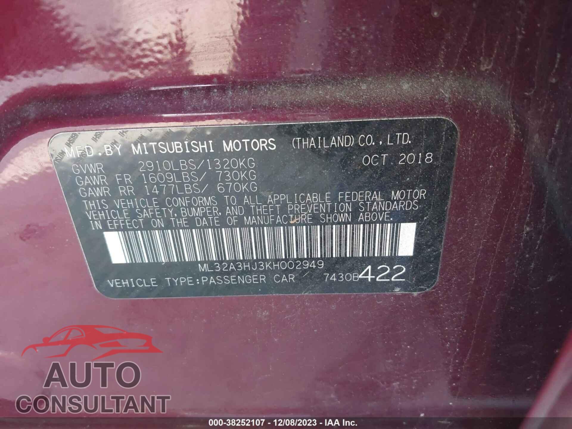 MITSUBISHI MIRAGE 2019 - ML32A3HJ3KH002949