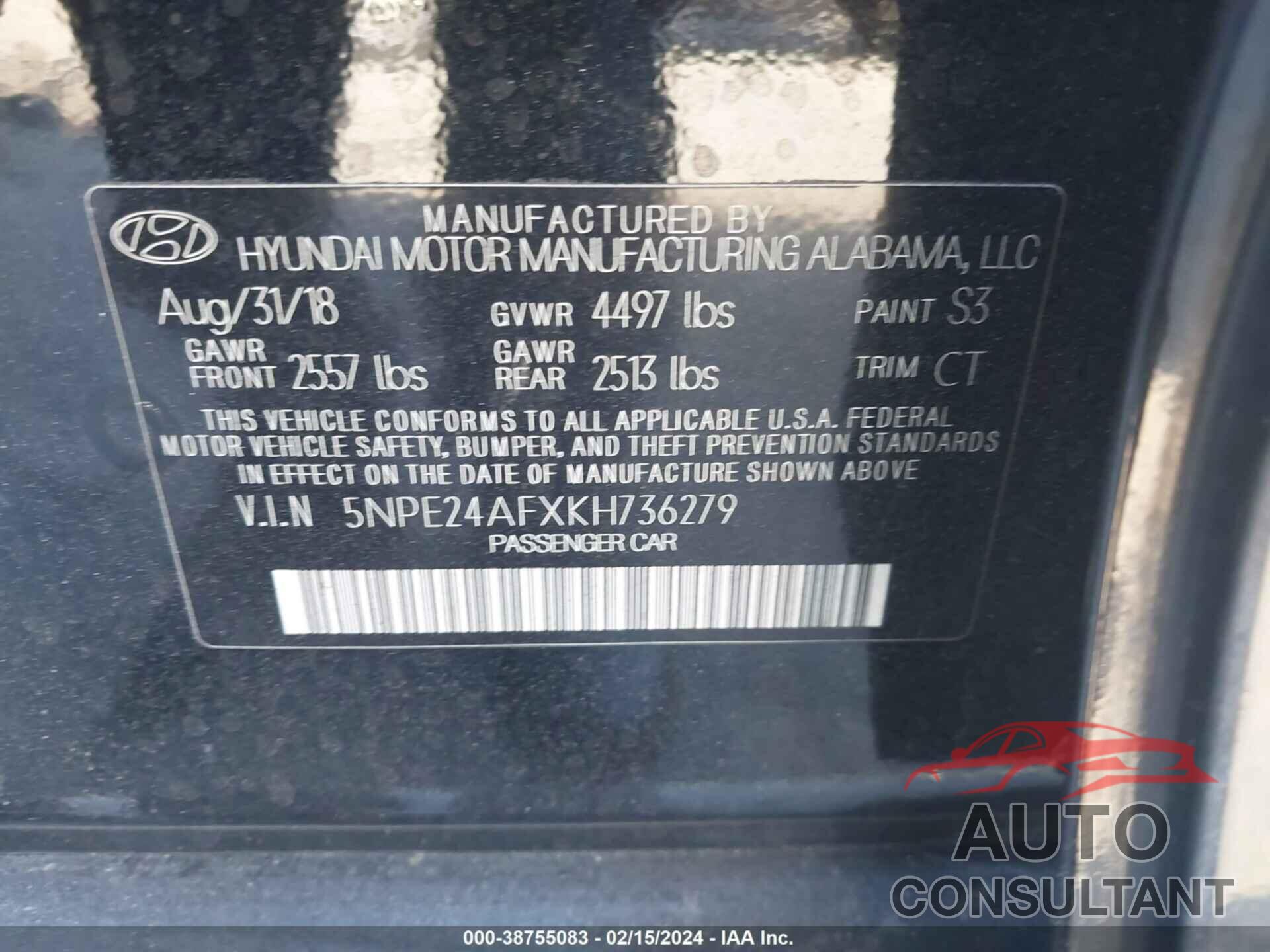 HYUNDAI SONATA 2019 - 5NPE24AFXKH736279