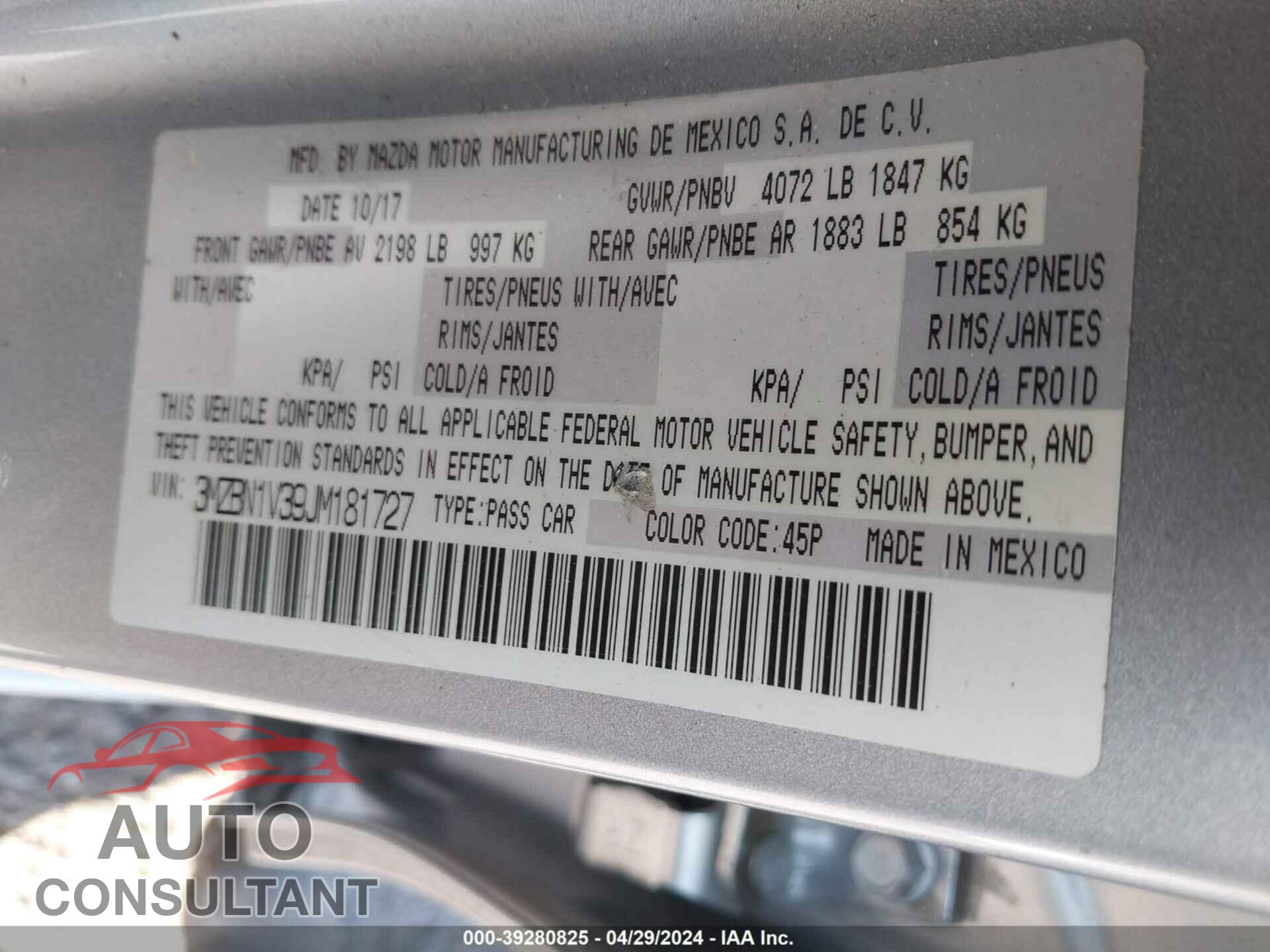 MAZDA 3 2018 - 3MZBN1V39JM181727