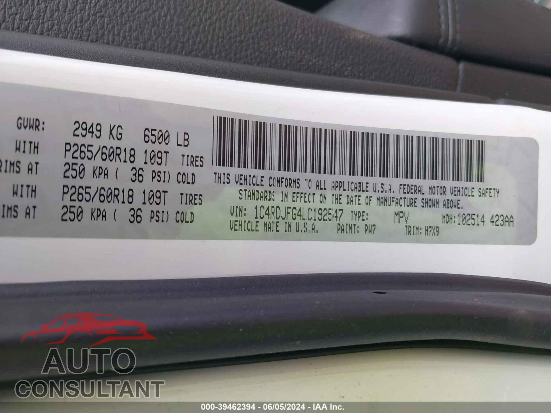 DODGE DURANGO 2020 - 1C4RDJFG4LC192547