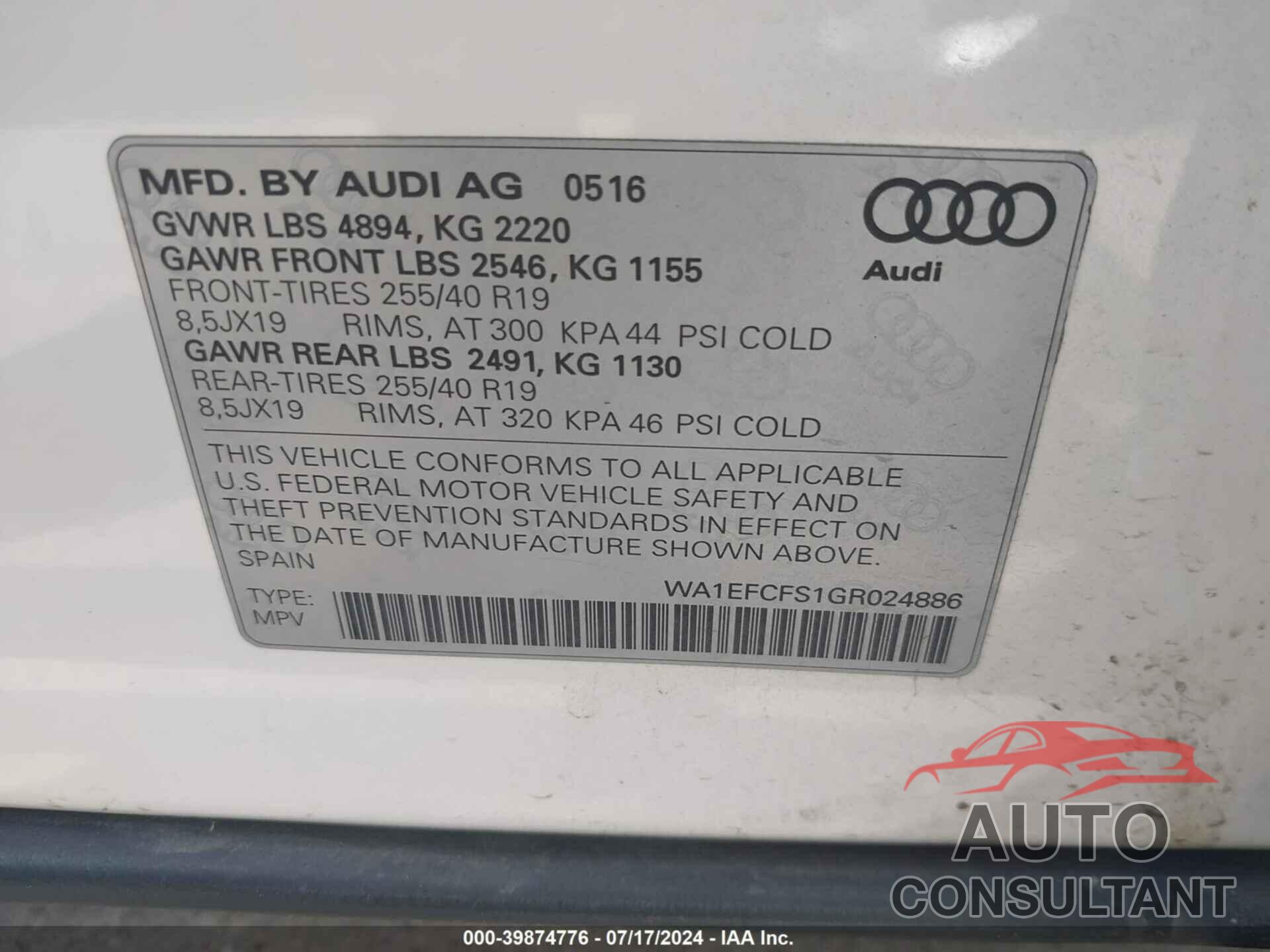 AUDI Q3 2016 - WA1EFCFS1GR024886