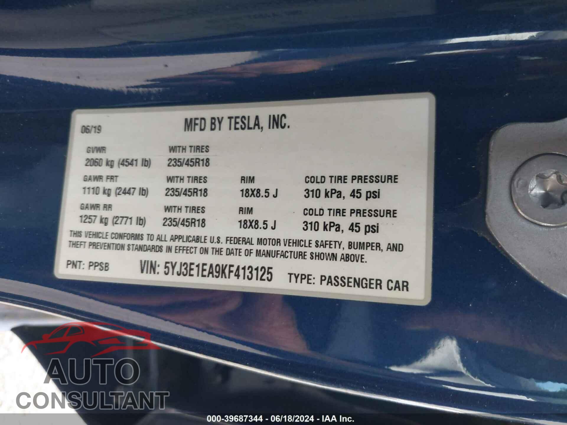 TESLA MODEL 3 2019 - 5YJ3E1EA9KF413125