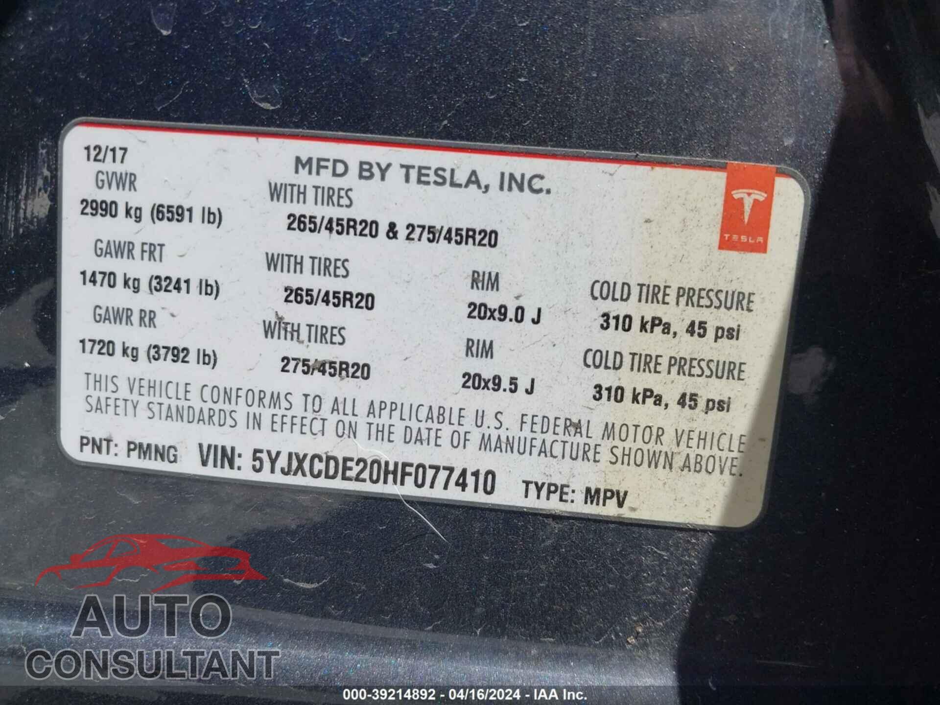 TESLA MODEL X 2017 - 5YJXCDE20HF077410