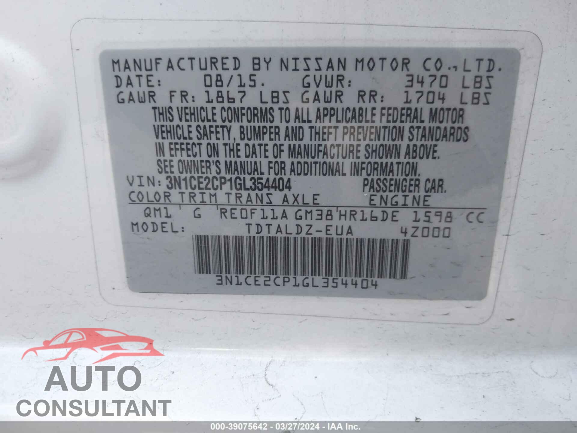 NISSAN VERSA NOTE 2016 - 3N1CE2CP1GL354404