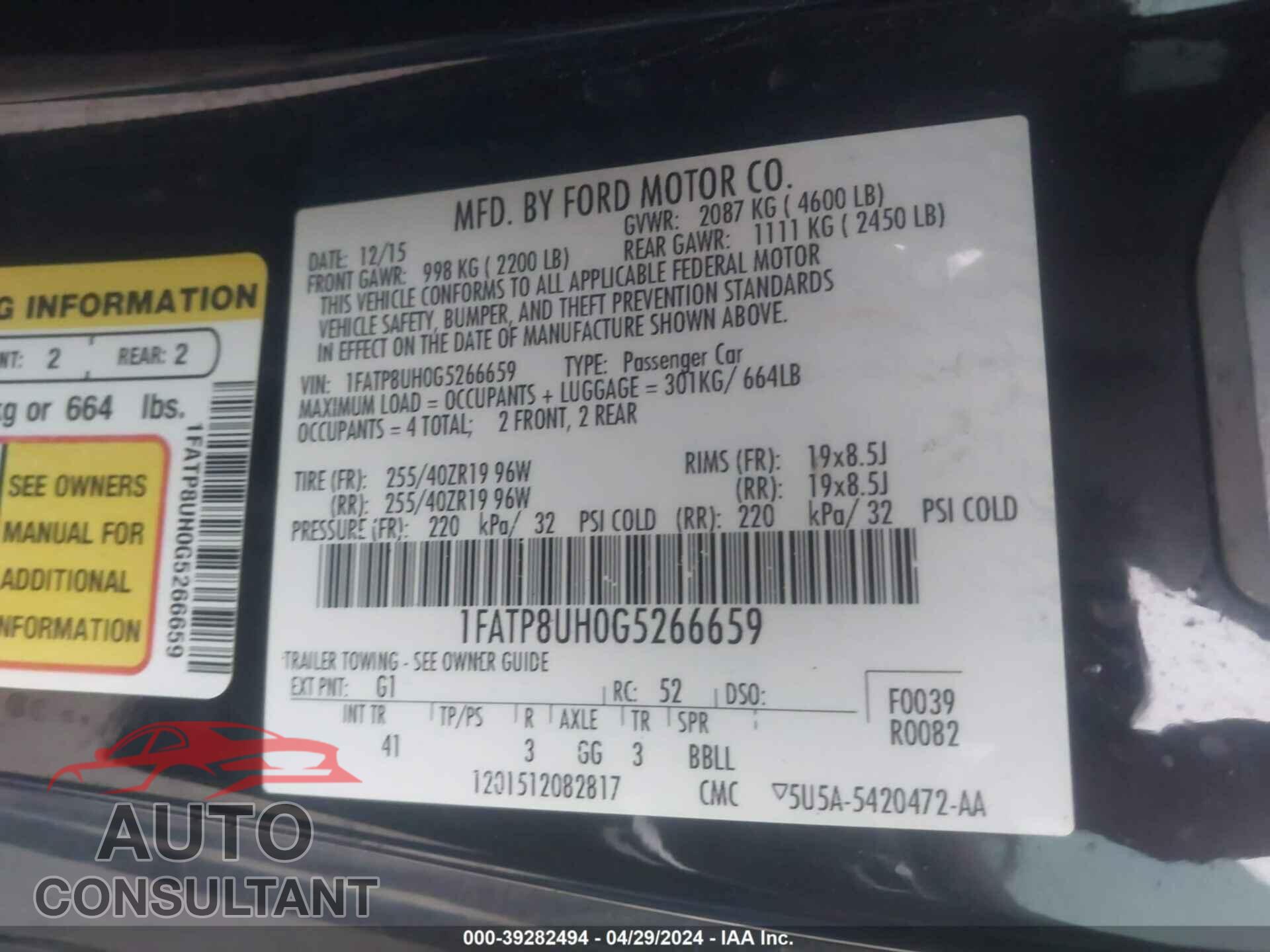 FORD MUSTANG 2016 - 1FATP8UH0G5266659