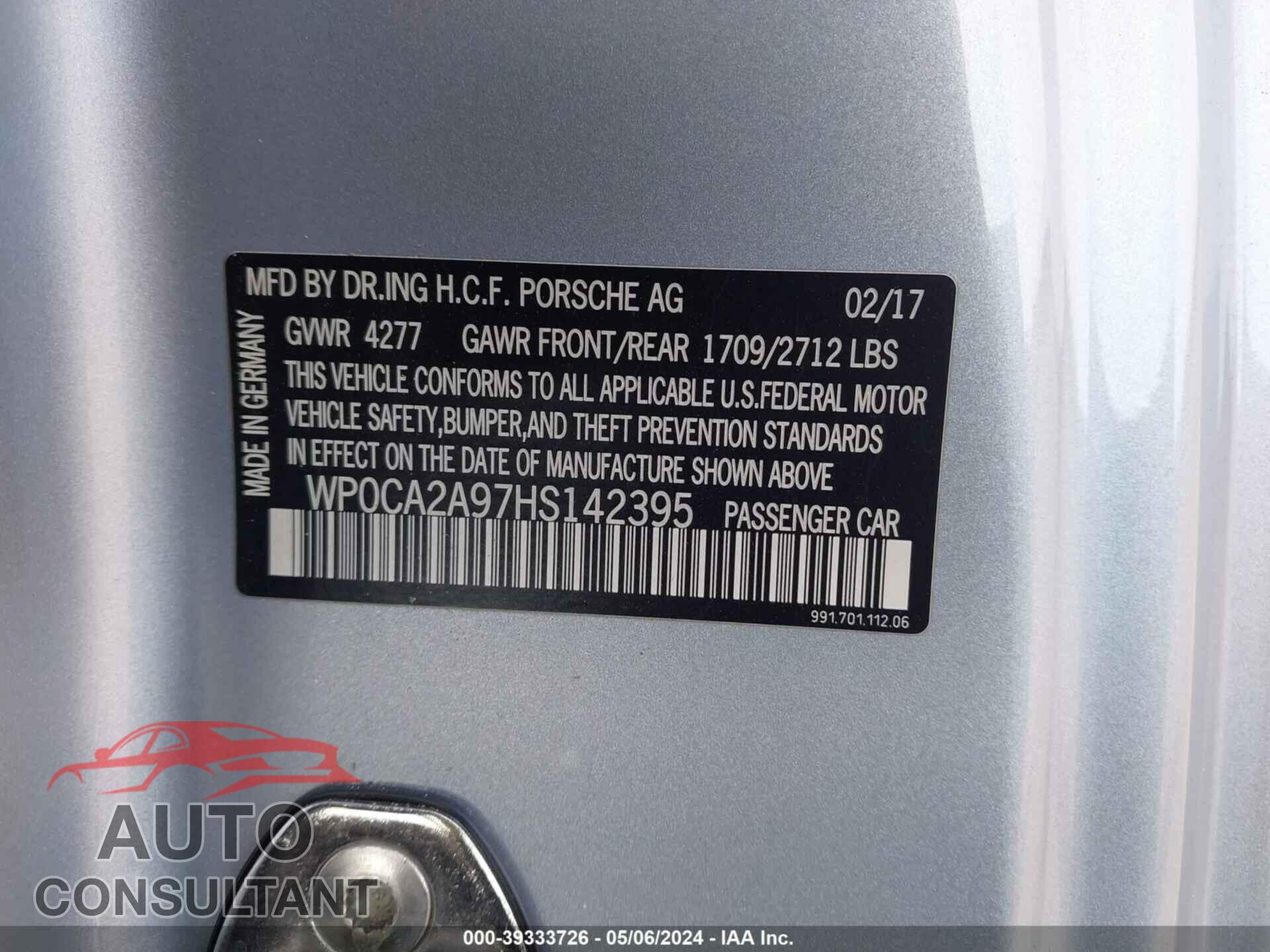 PORSCHE 911 2017 - WP0CA2A97HS142395