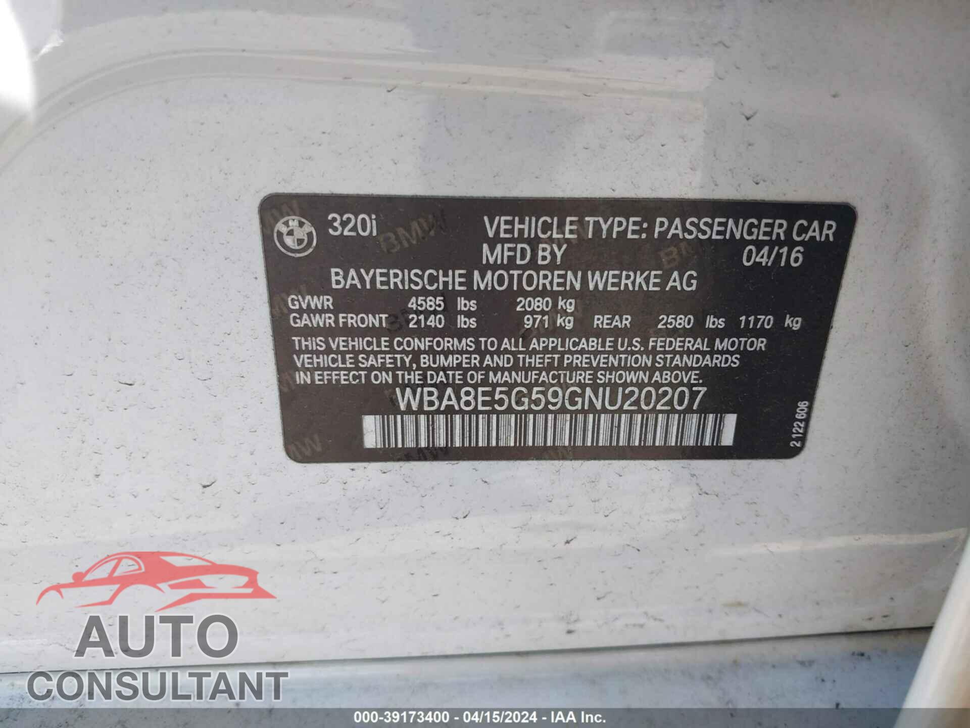 BMW 320 2016 - WBA8E5G59GNU20207