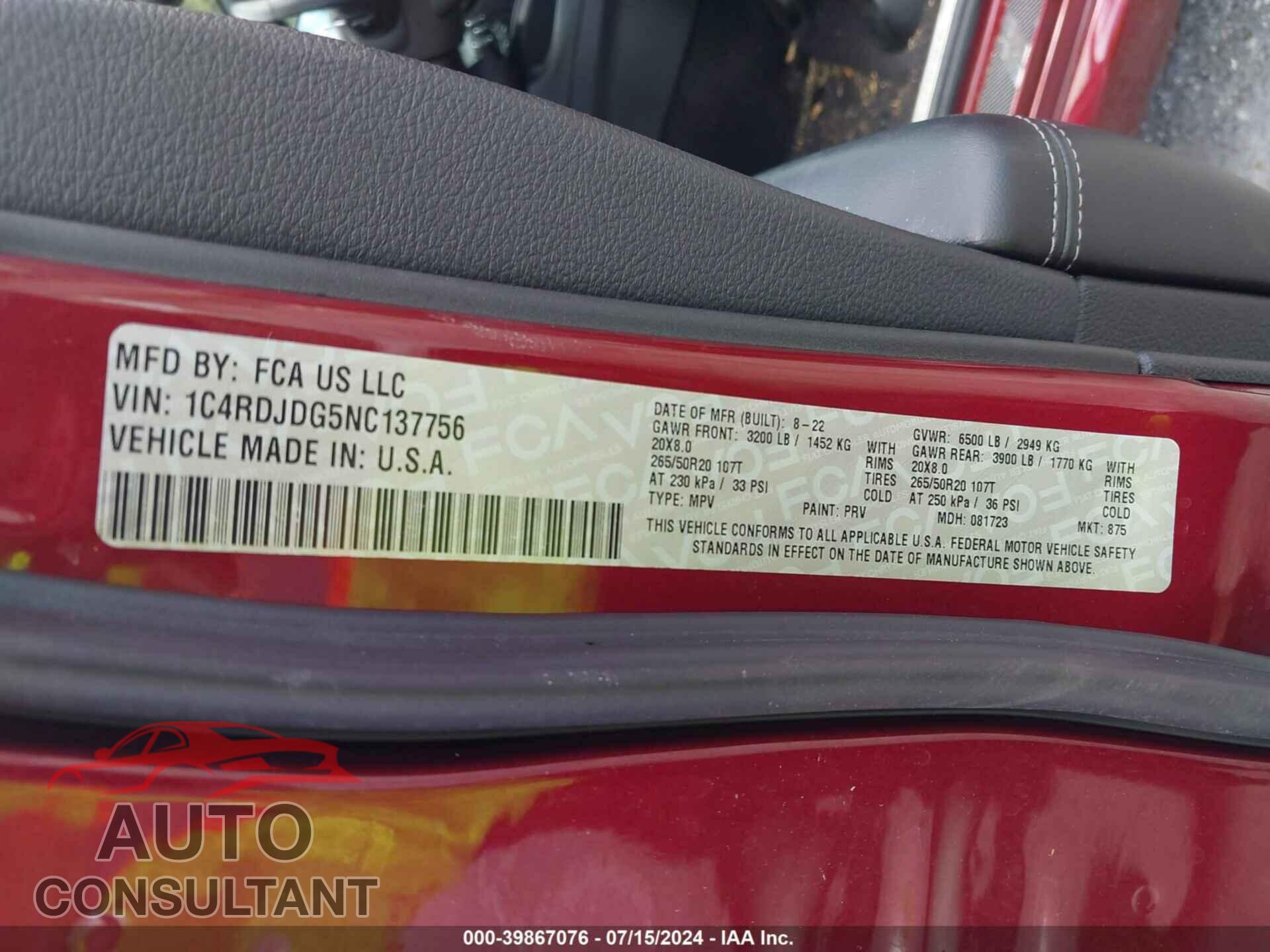 DODGE DURANGO 2022 - 1C4RDJDG5NC137756