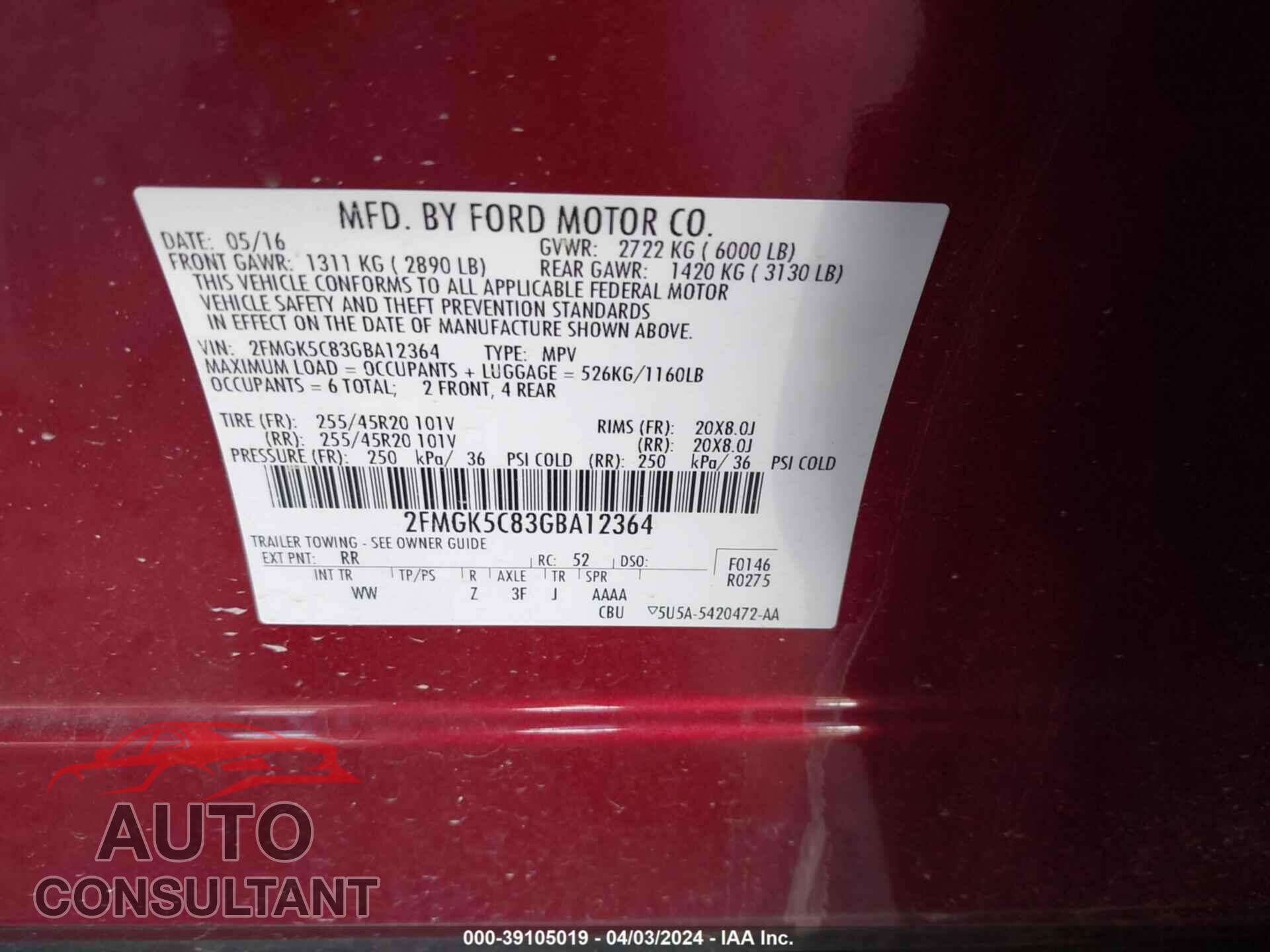 FORD FLEX 2016 - 2FMGK5C83GBA12364