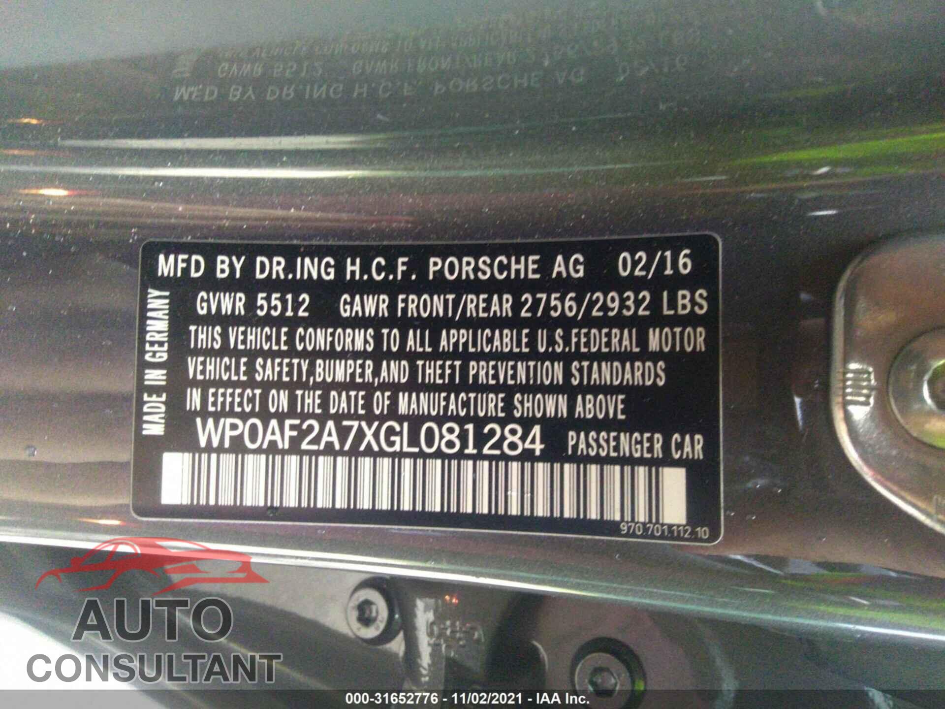 PORSCHE PANAMERA 2016 - WP0AF2A7XGL081284