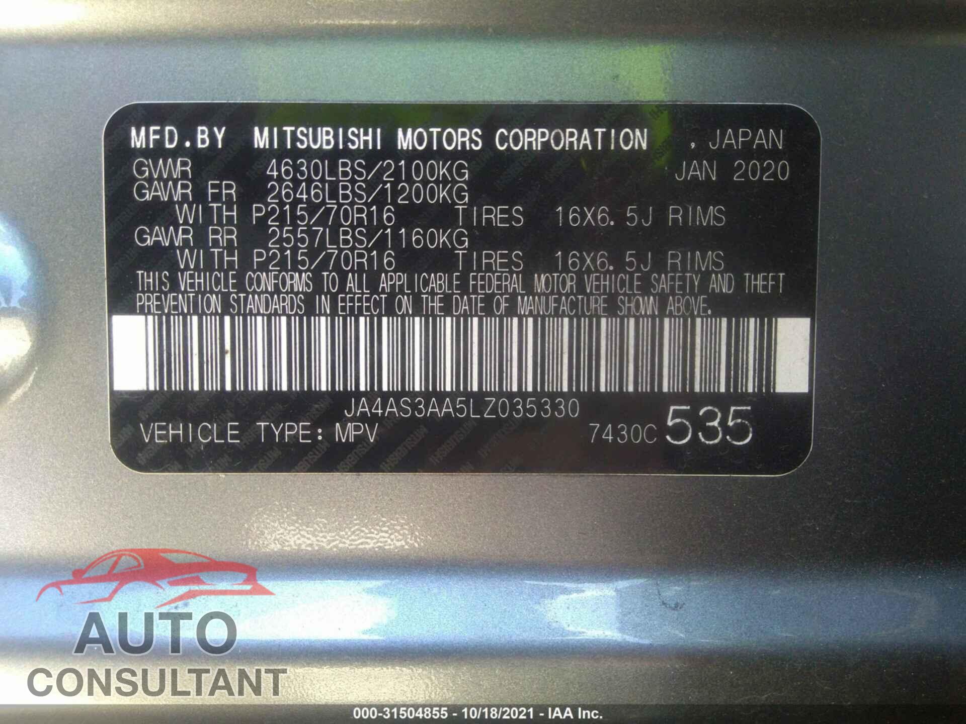 MITSUBISHI ECLIPSE CROSS 2020 - JA4AS3AA5LZ035330