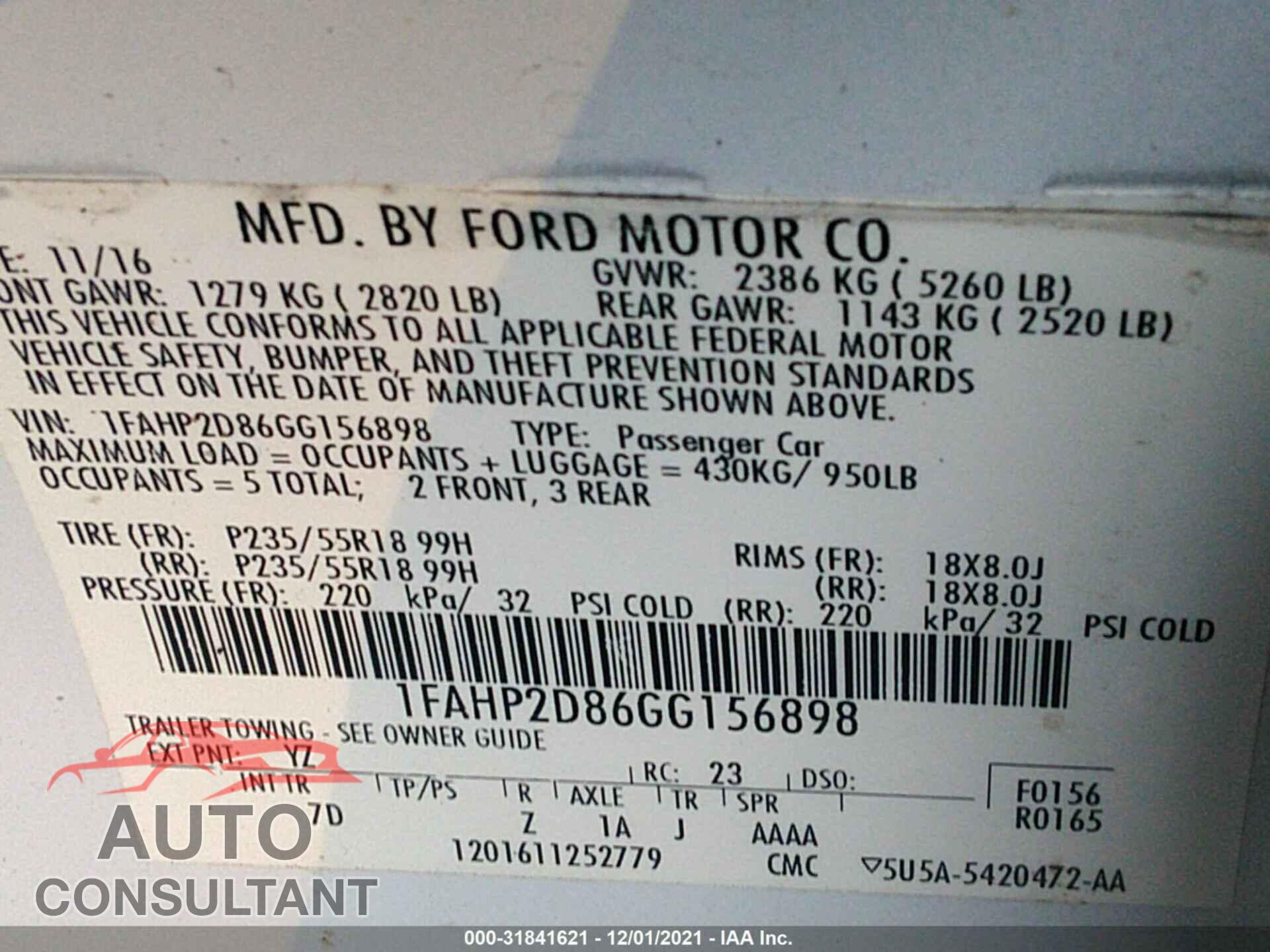 FORD TAURUS 2016 - 1FAHP2D86GG156898