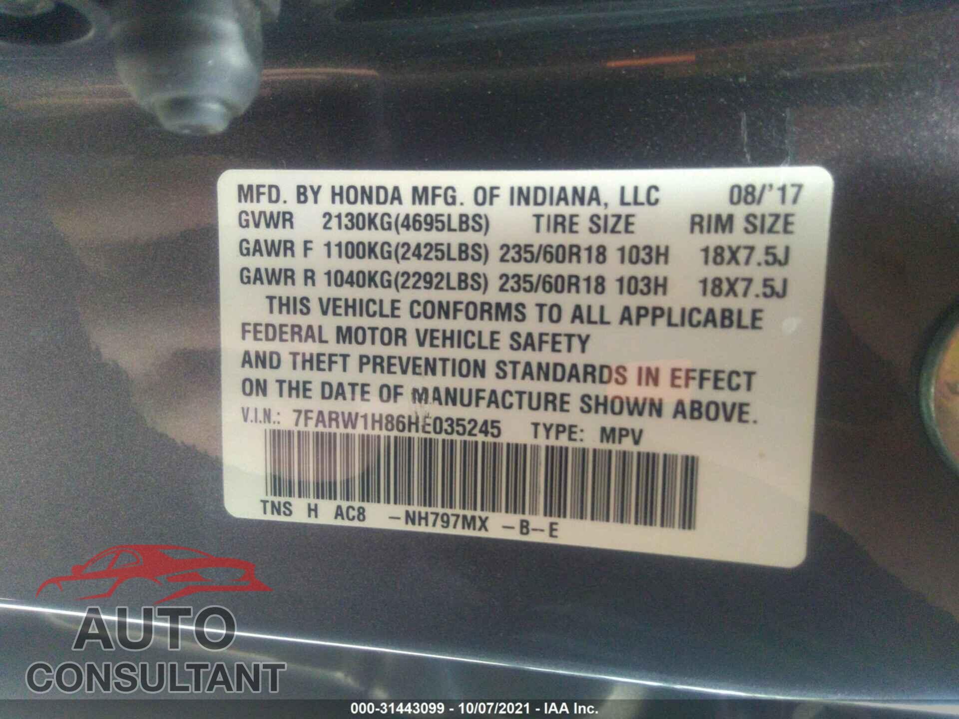 HONDA CR-V 2017 - 7FARW1H86HE035245