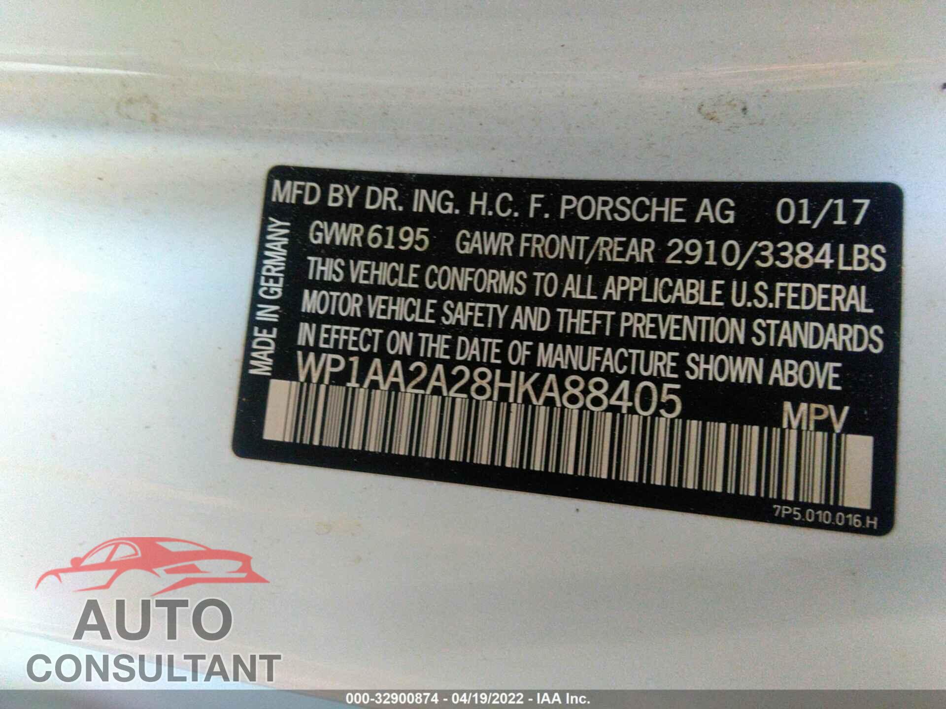 PORSCHE CAYENNE 2017 - WP1AA2A28HKA88405