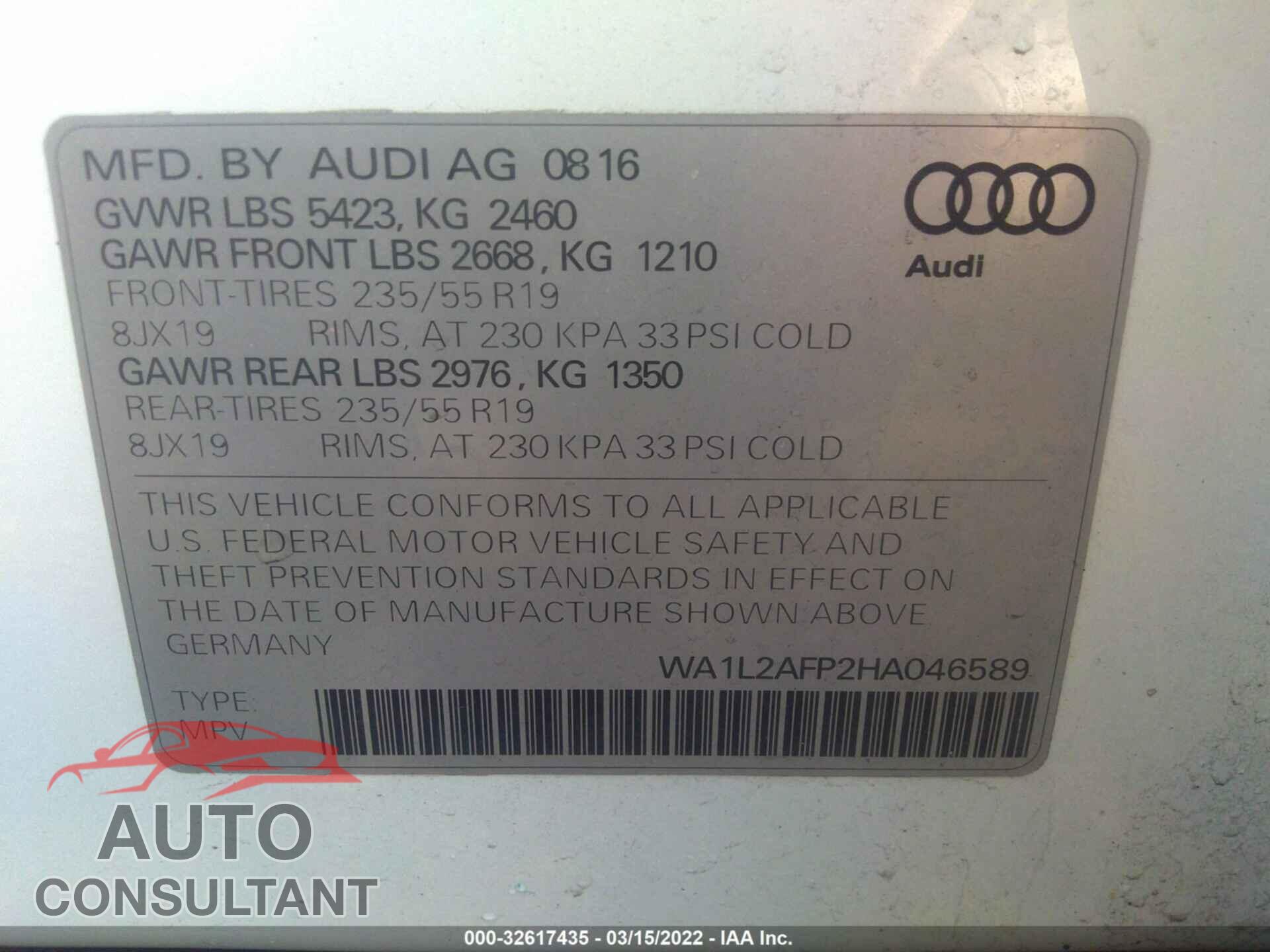 AUDI Q5 2017 - WA1L2AFP2HA046589