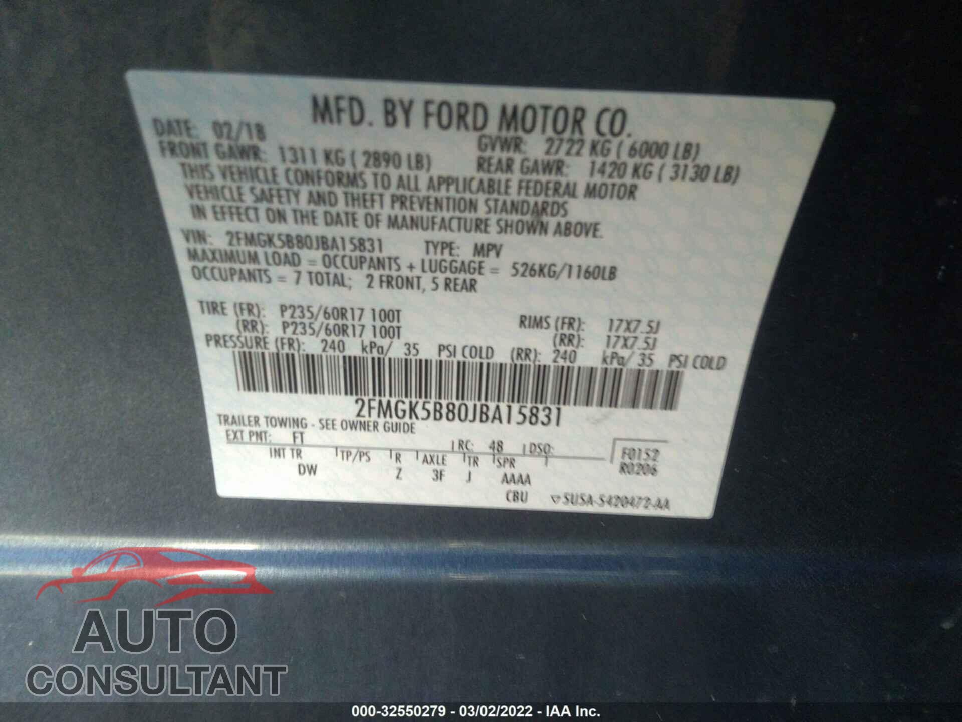FORD FLEX 2018 - 2FMGK5B80JBA15831