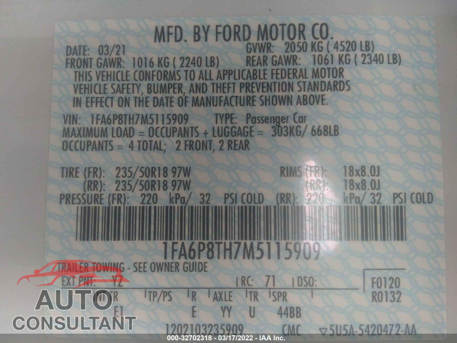FORD MUSTANG 2021 - 1FA6P8TH7M5115909
