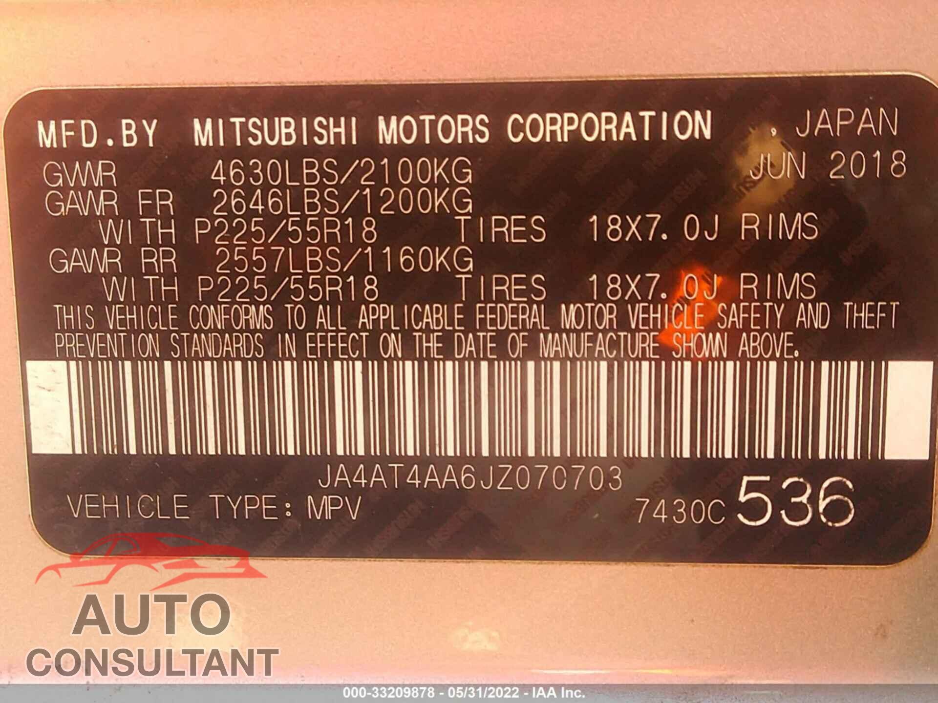 MITSUBISHI ECLIPSE CROSS 2018 - JA4AT4AA6JZ070703