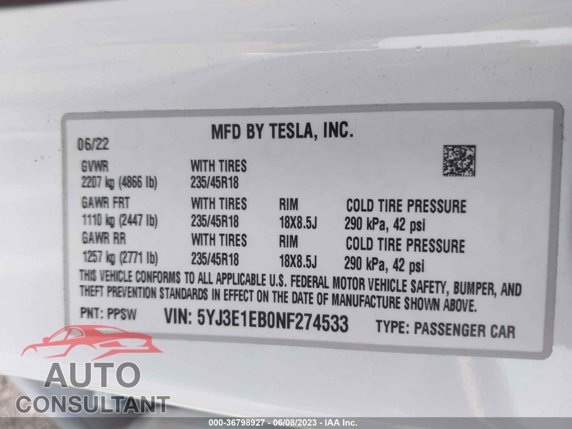 TESLA MODEL 3 2022 - 5YJ3E1EB0NF274533