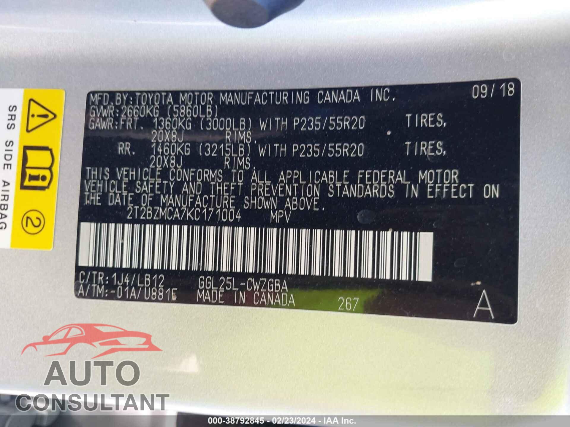 LEXUS RX 2019 - 2T2BZMCA7KC171004