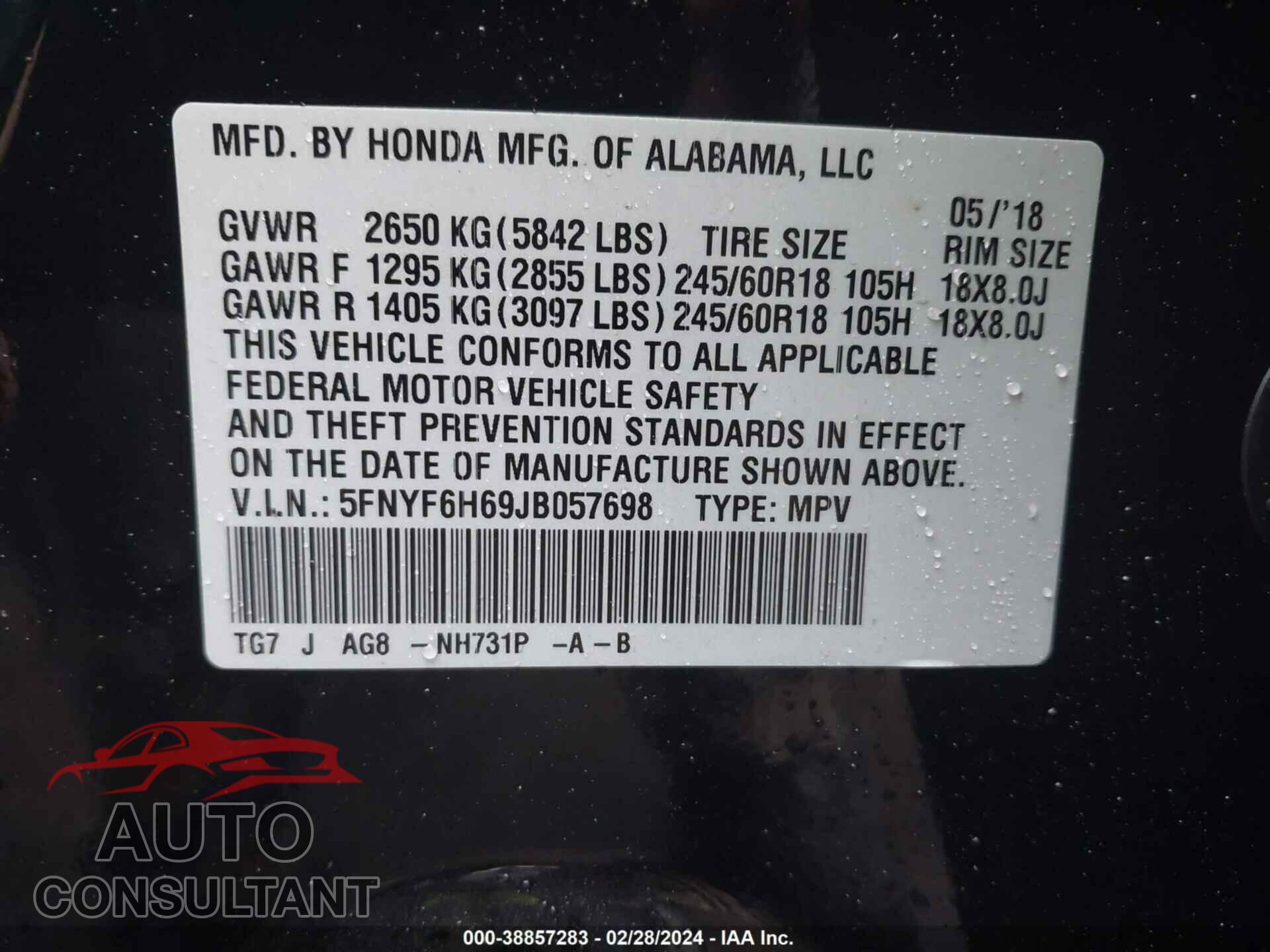 HONDA PILOT 2018 - 5FNYF6H69JB057698