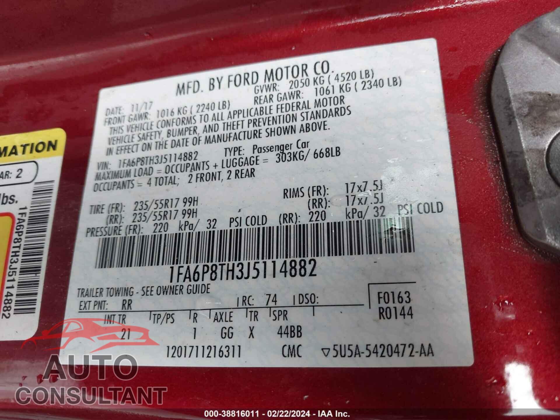 FORD MUSTANG 2018 - 1FA6P8TH3J5114882