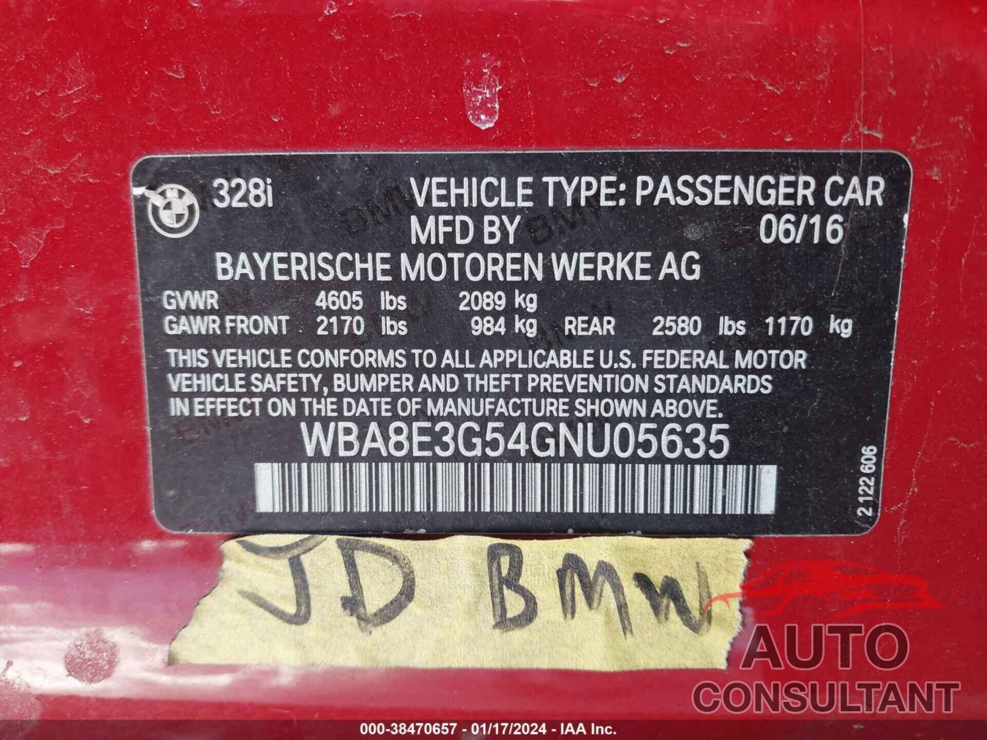 BMW 328I 2016 - WBA8E3G54GNU05635