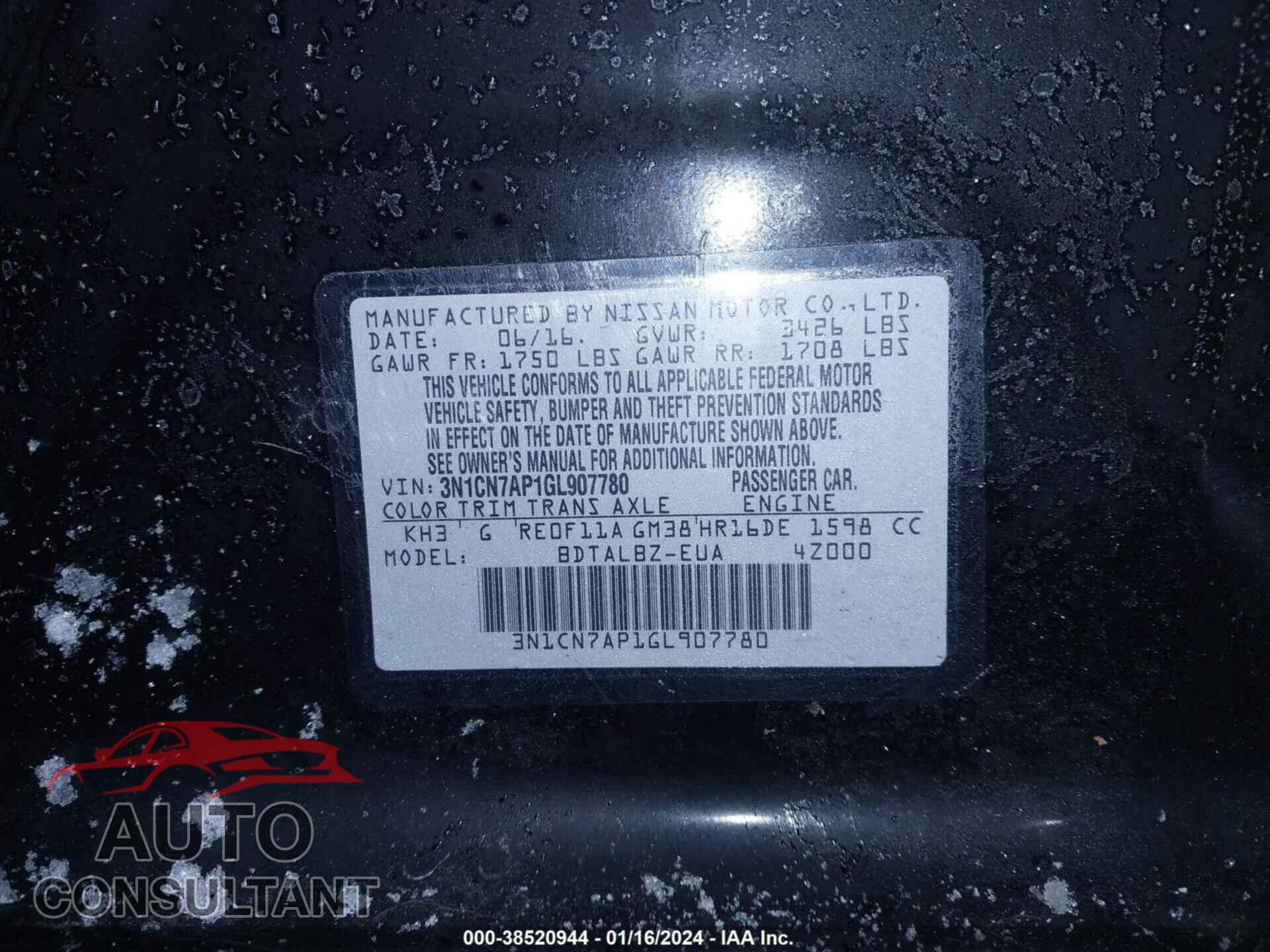 NISSAN VERSA 2016 - 3N1CN7AP1GL907780