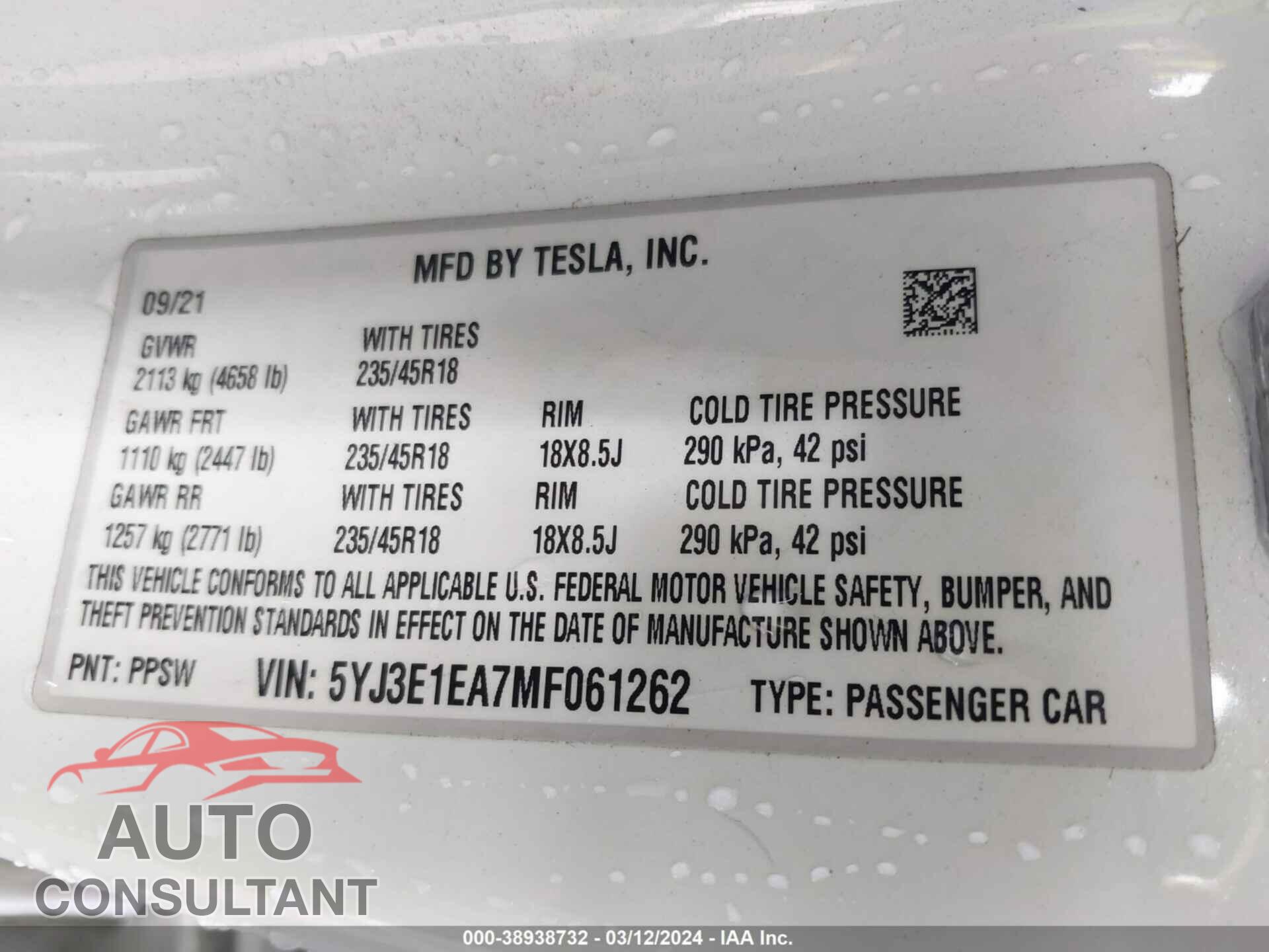 TESLA MODEL 3 2021 - 5YJ3E1EA7MF061262