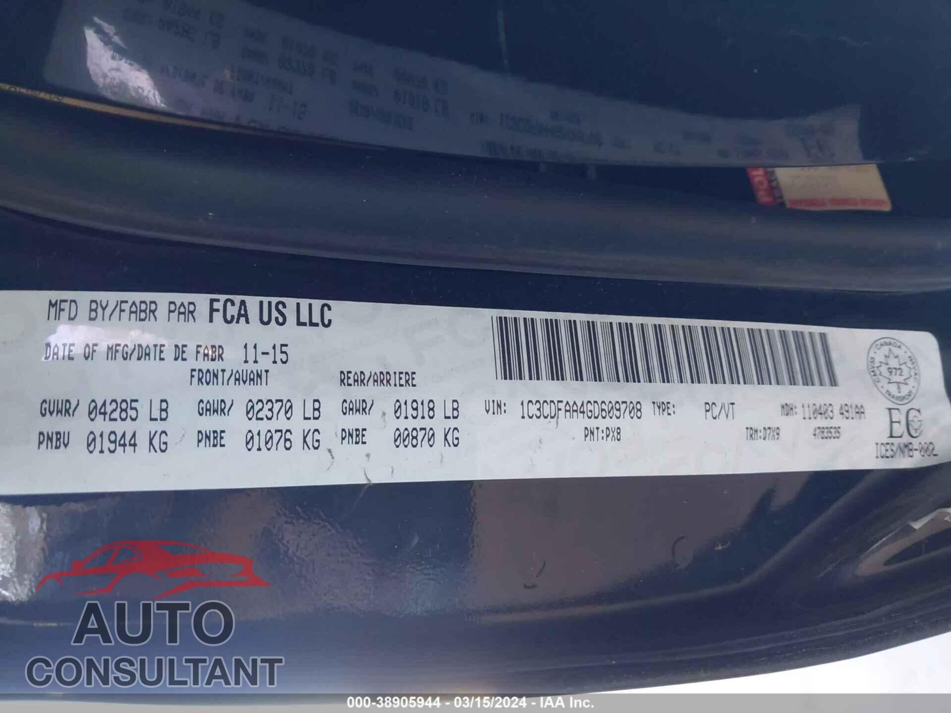 DODGE DART 2016 - 1C3CDFAA4GD609708