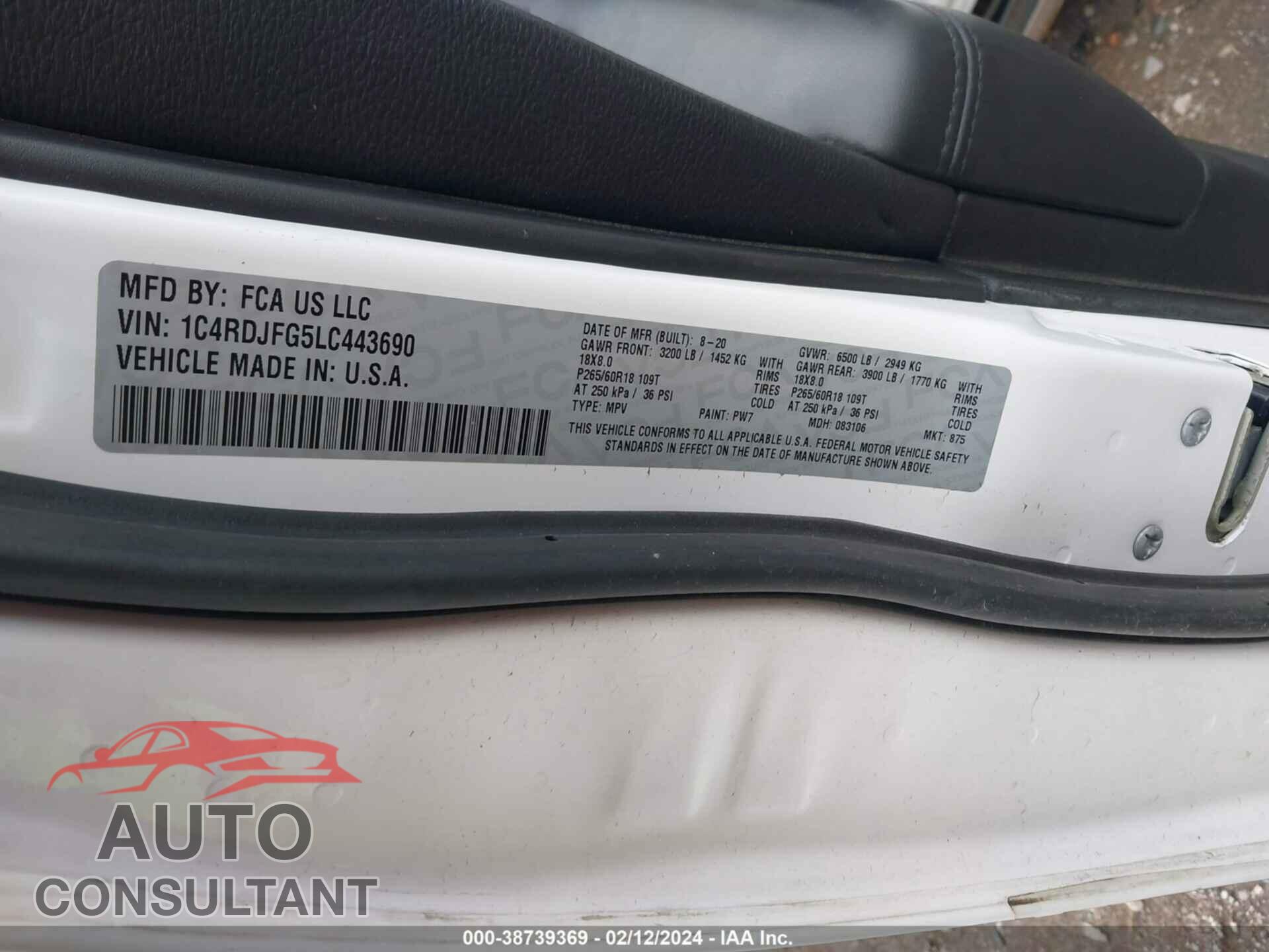 DODGE DURANGO 2020 - 1C4RDJFG5LC443690