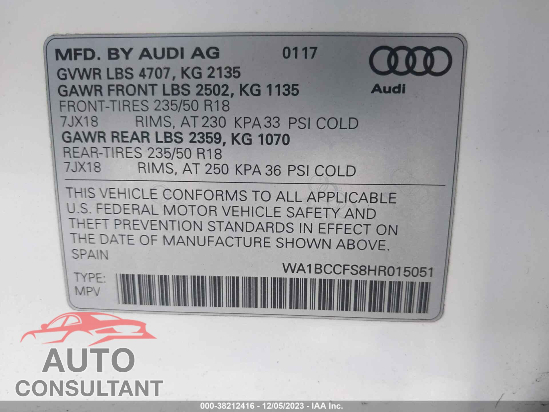 AUDI Q3 2017 - WA1BCCFS8HR015051