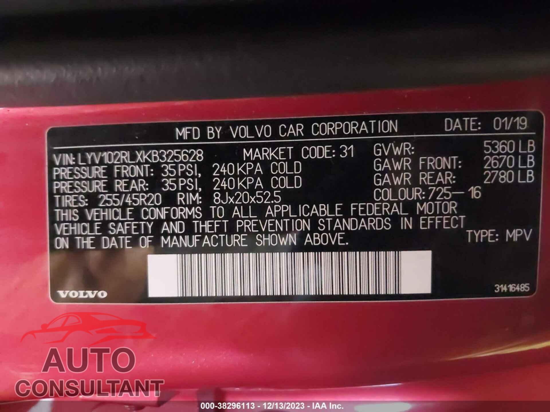 VOLVO XC60 2019 - LYV102RLXKB325628