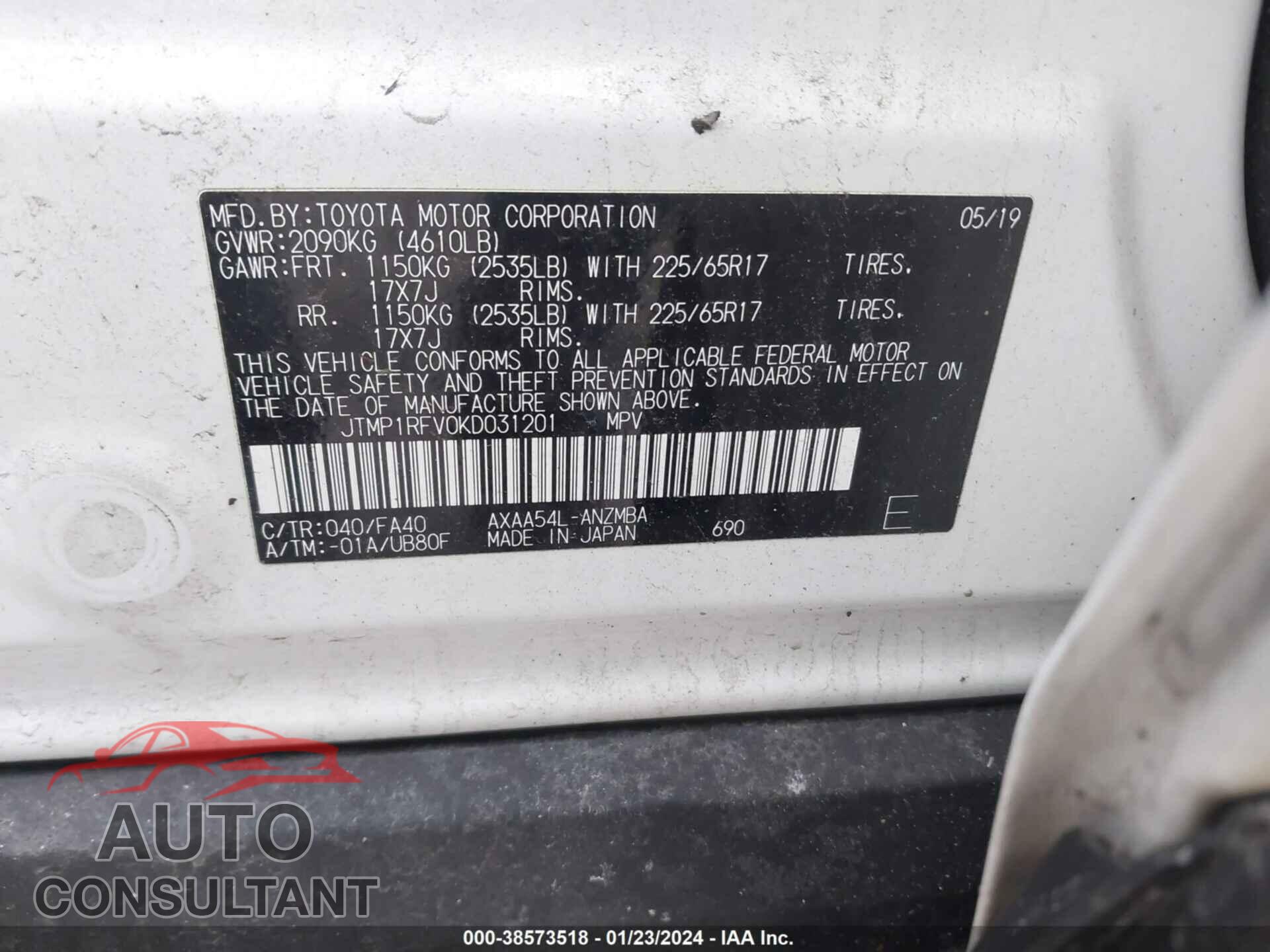 TOYOTA RAV4 2019 - JTMP1RFV0KD031201